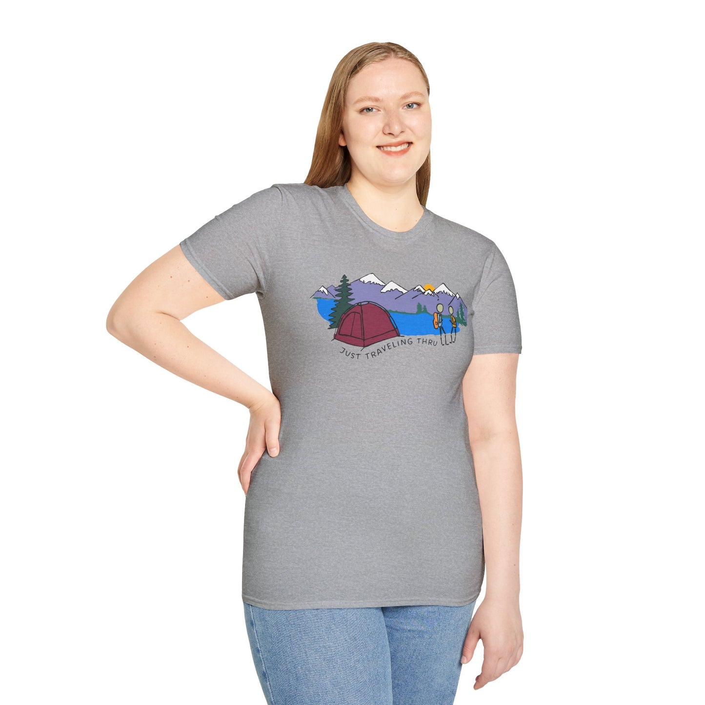 ποΈπ« "Camping Adventure Awaits: Just Traveling Thru Mountain Escape Softstyle Tee" πποΈ