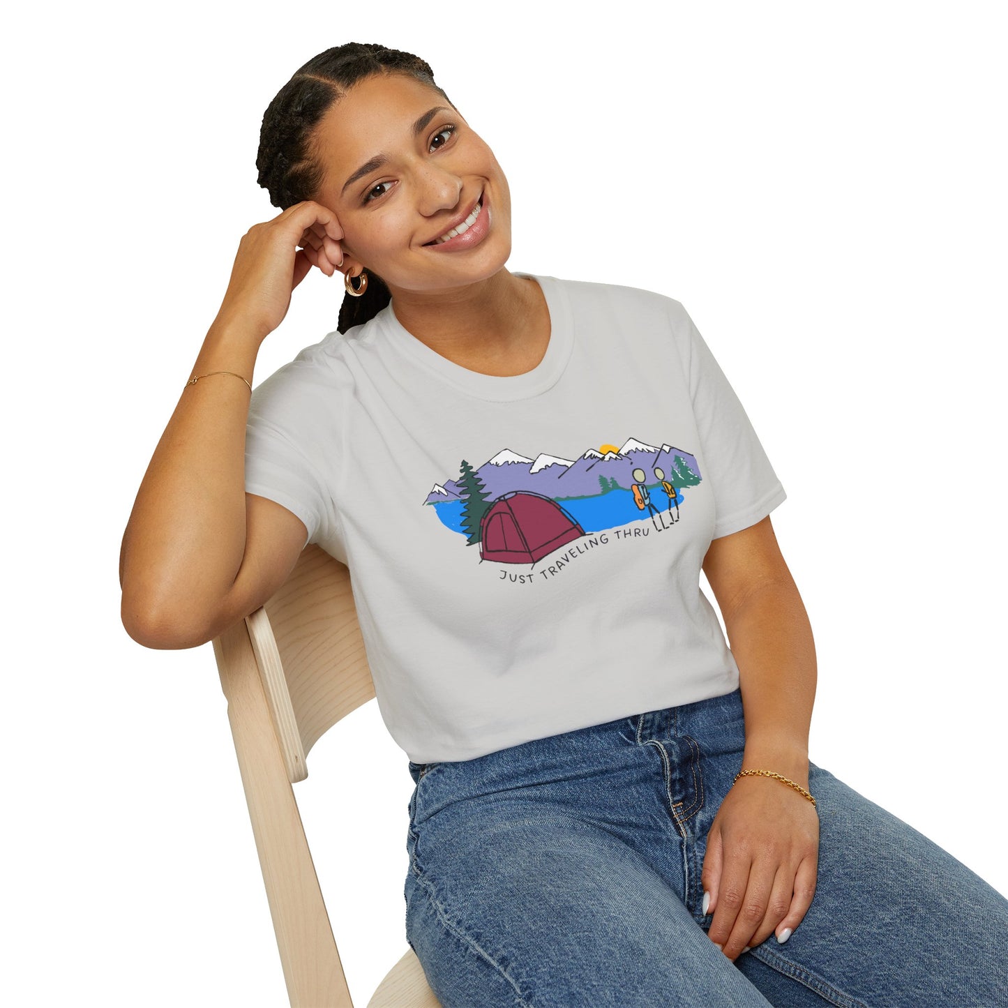 ποΈπ« "Camping Adventure Awaits: Just Traveling Thru Mountain Escape Softstyle Tee" πποΈ
