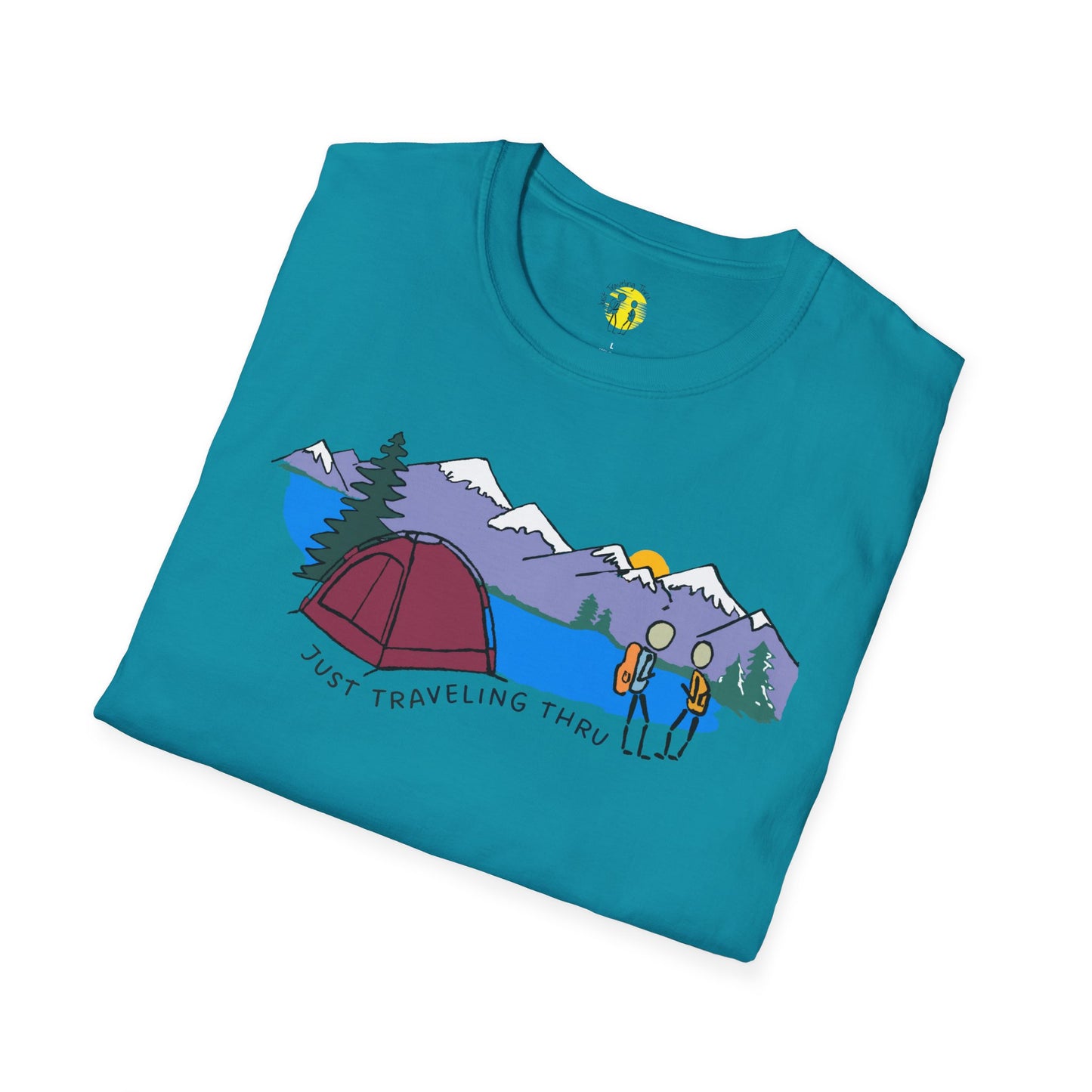 ποΈπ« "Camping Adventure Awaits: Just Traveling Thru Mountain Escape Softstyle Tee" πποΈ