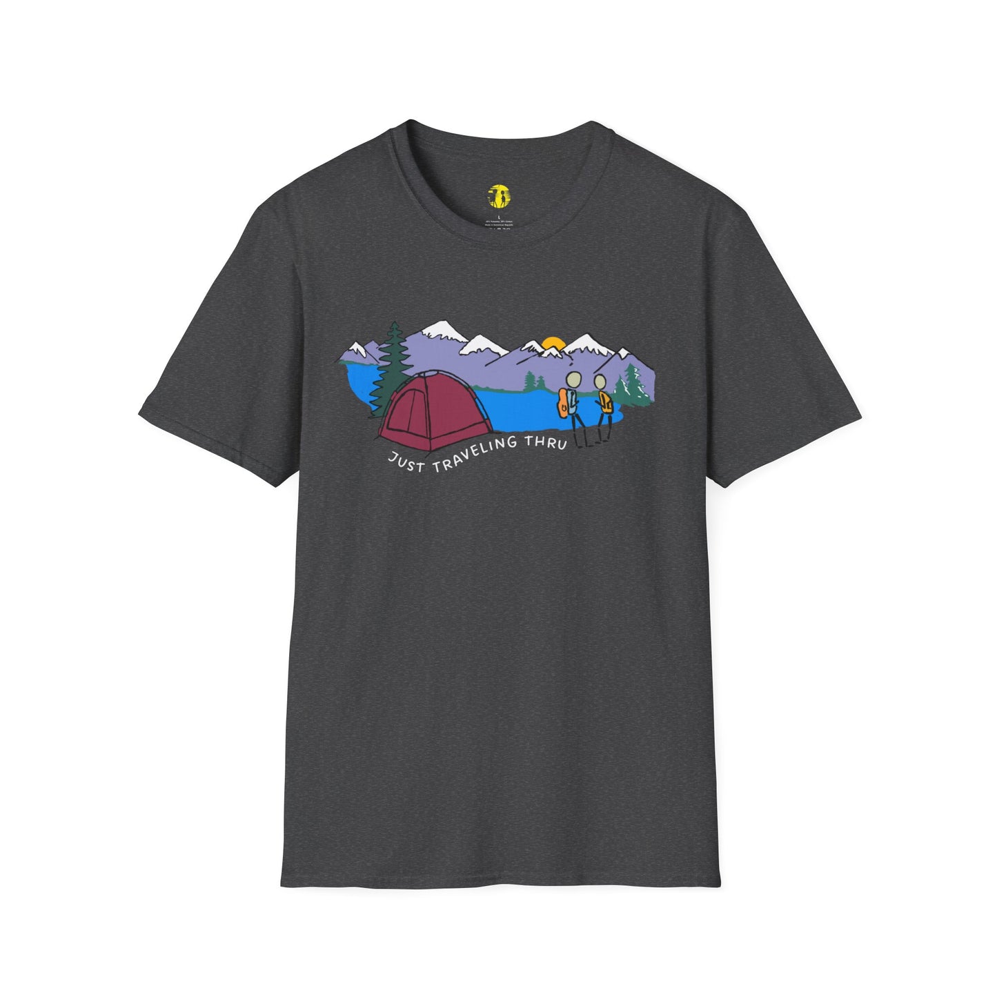 ποΈπ« "Camping Adventure Awaits: Just Traveling Thru Mountain Escape Softstyle Tee" πποΈ