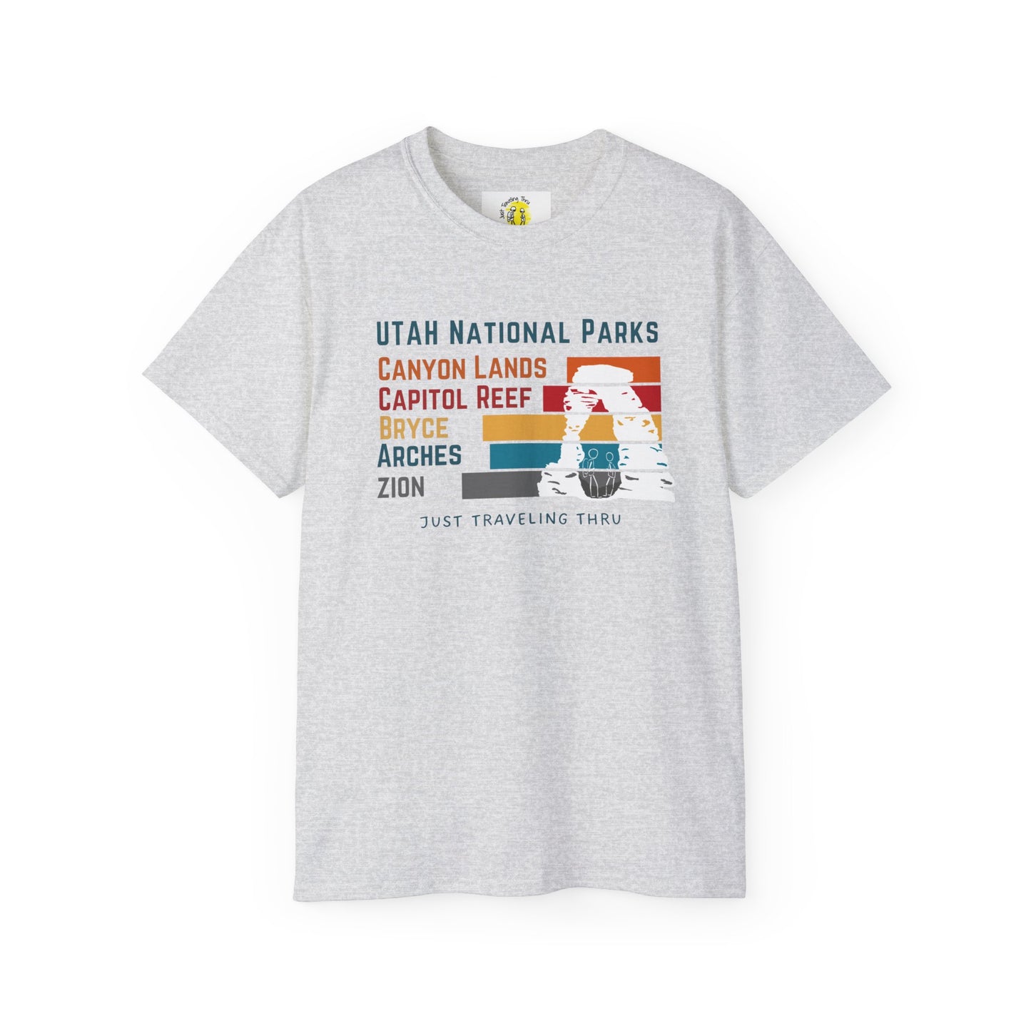 ποΈποΈ "Utah National Parks Adventure Tee: Arches, Zion, Canyonlands, Bryce Canyon, Capitol Reef - Just Traveling Thru" πβοΈ
