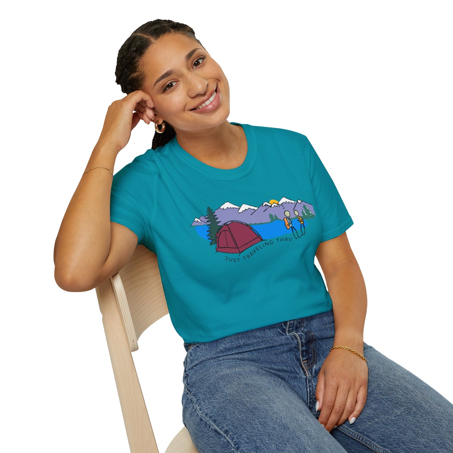 ποΈπ« "Camping Adventure Awaits: Just Traveling Thru Mountain Escape Softstyle Tee" πποΈ