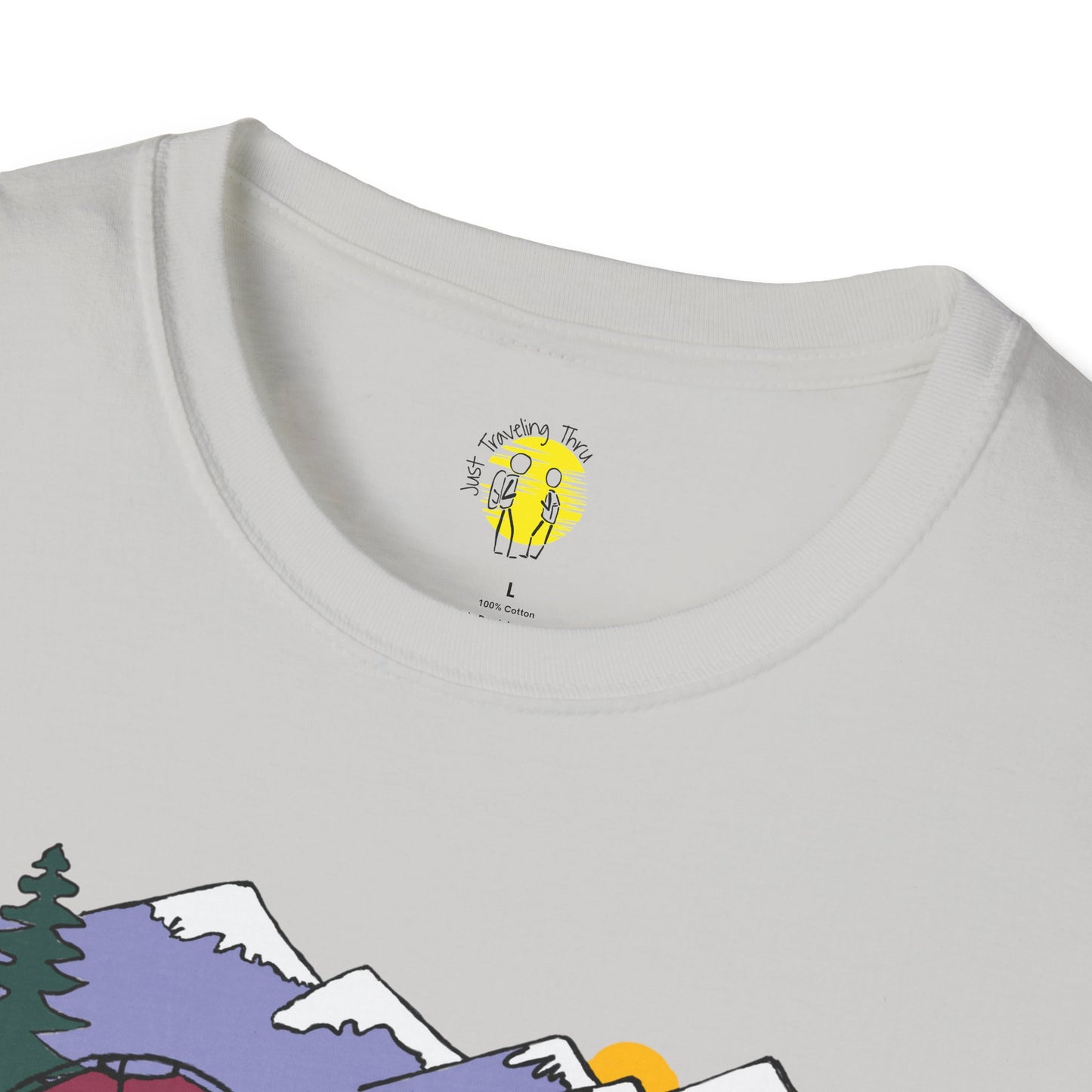 ποΈπ« "Camping Adventure Awaits: Just Traveling Thru Mountain Escape Softstyle Tee" πποΈ