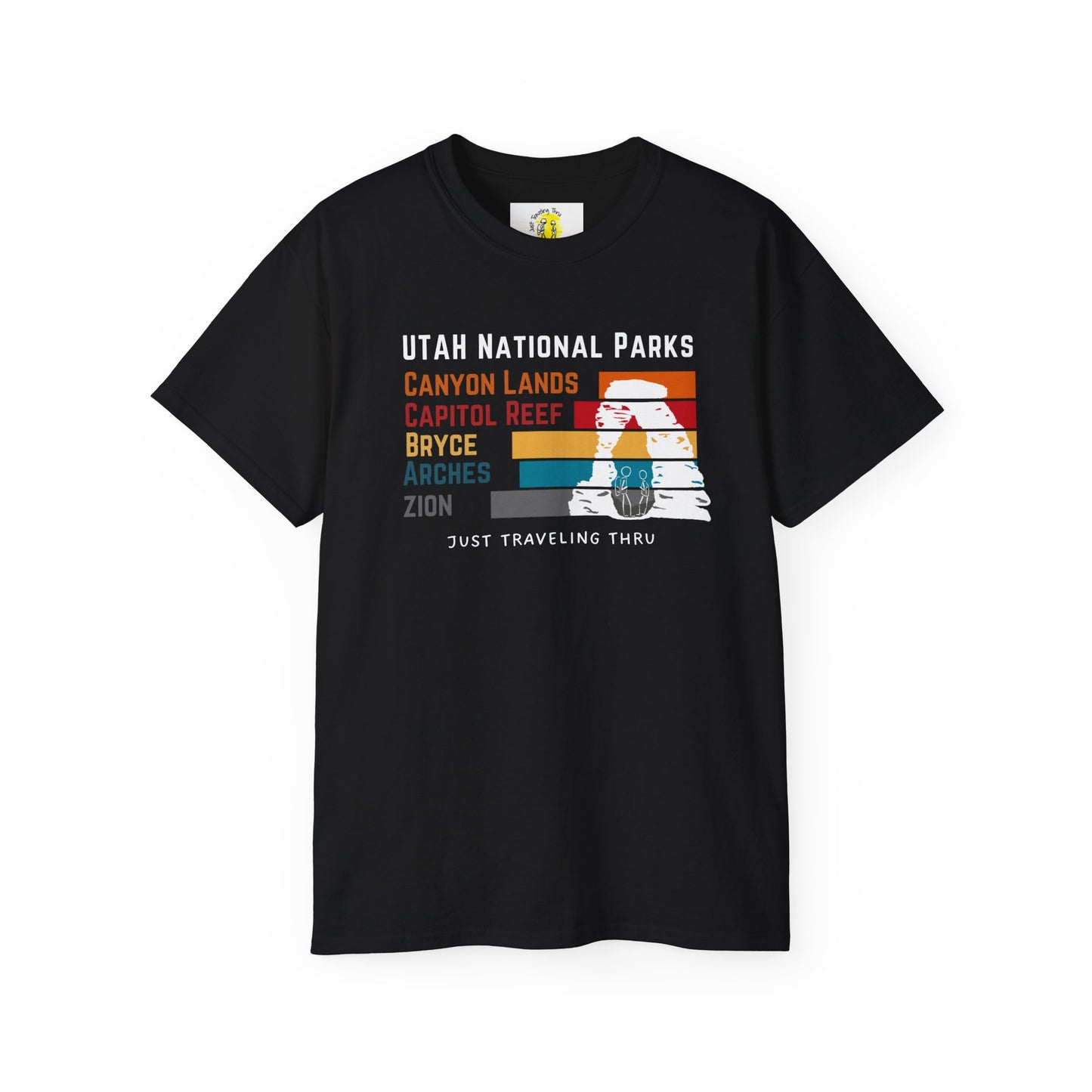 ποΈποΈ "Utah National Parks Adventure Tee: Arches, Zion, Canyonlands, Bryce Canyon, Capitol Reef - Just Traveling Thru" πβοΈ