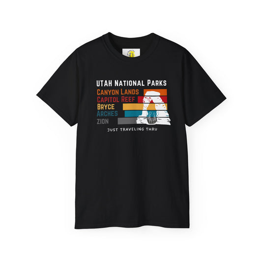 ποΈποΈ "Utah National Parks Adventure Tee: Arches, Zion, Canyonlands, Bryce Canyon, Capitol Reef - Just Traveling Thru" πβοΈ