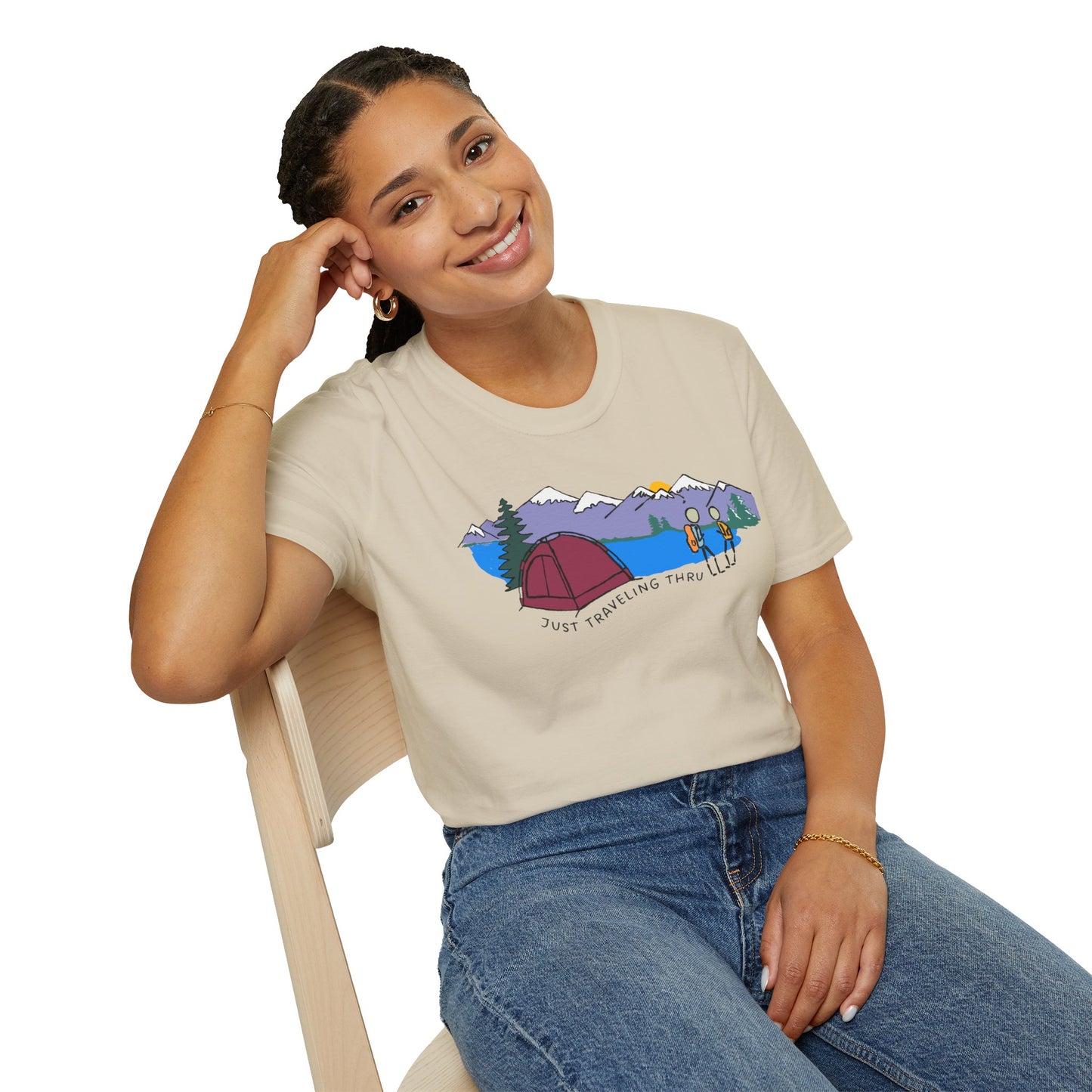 ποΈπ« "Camping Adventure Awaits: Just Traveling Thru Mountain Escape Softstyle Tee" πποΈ