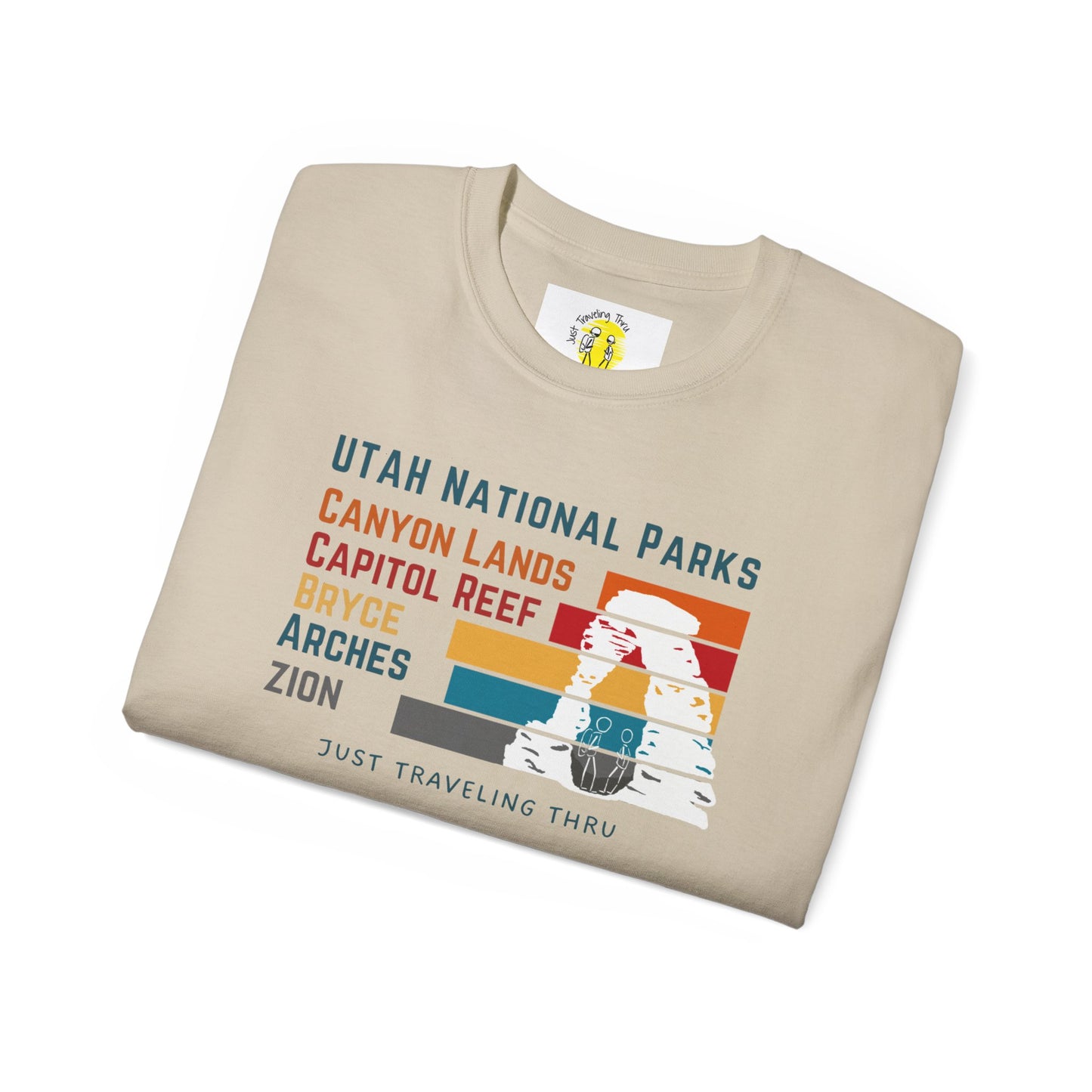 ποΈποΈ "Utah National Parks Adventure Tee: Arches, Zion, Canyonlands, Bryce Canyon, Capitol Reef - Just Traveling Thru" πβοΈ