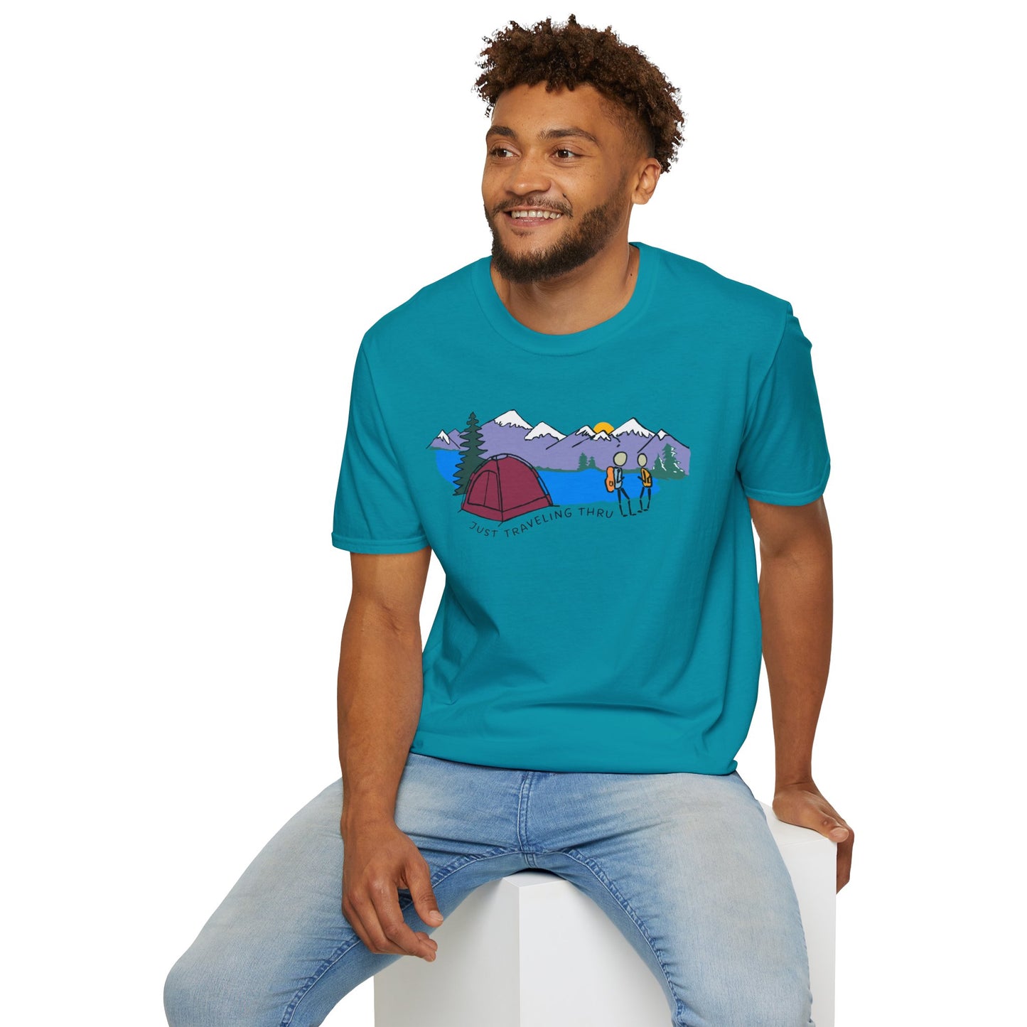 ποΈπ« "Camping Adventure Awaits: Just Traveling Thru Mountain Escape Softstyle Tee" πποΈ