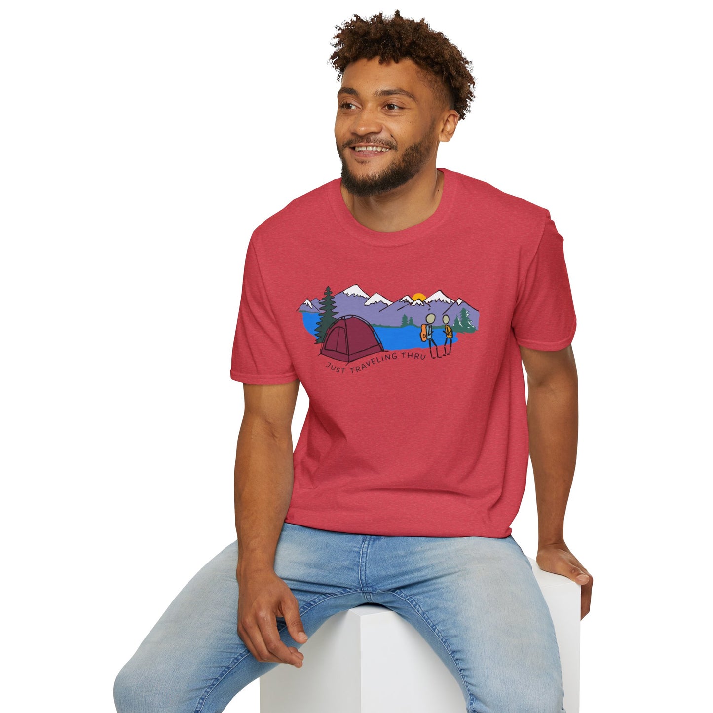 ποΈπ« "Camping Adventure Awaits: Just Traveling Thru Mountain Escape Softstyle Tee" πποΈ