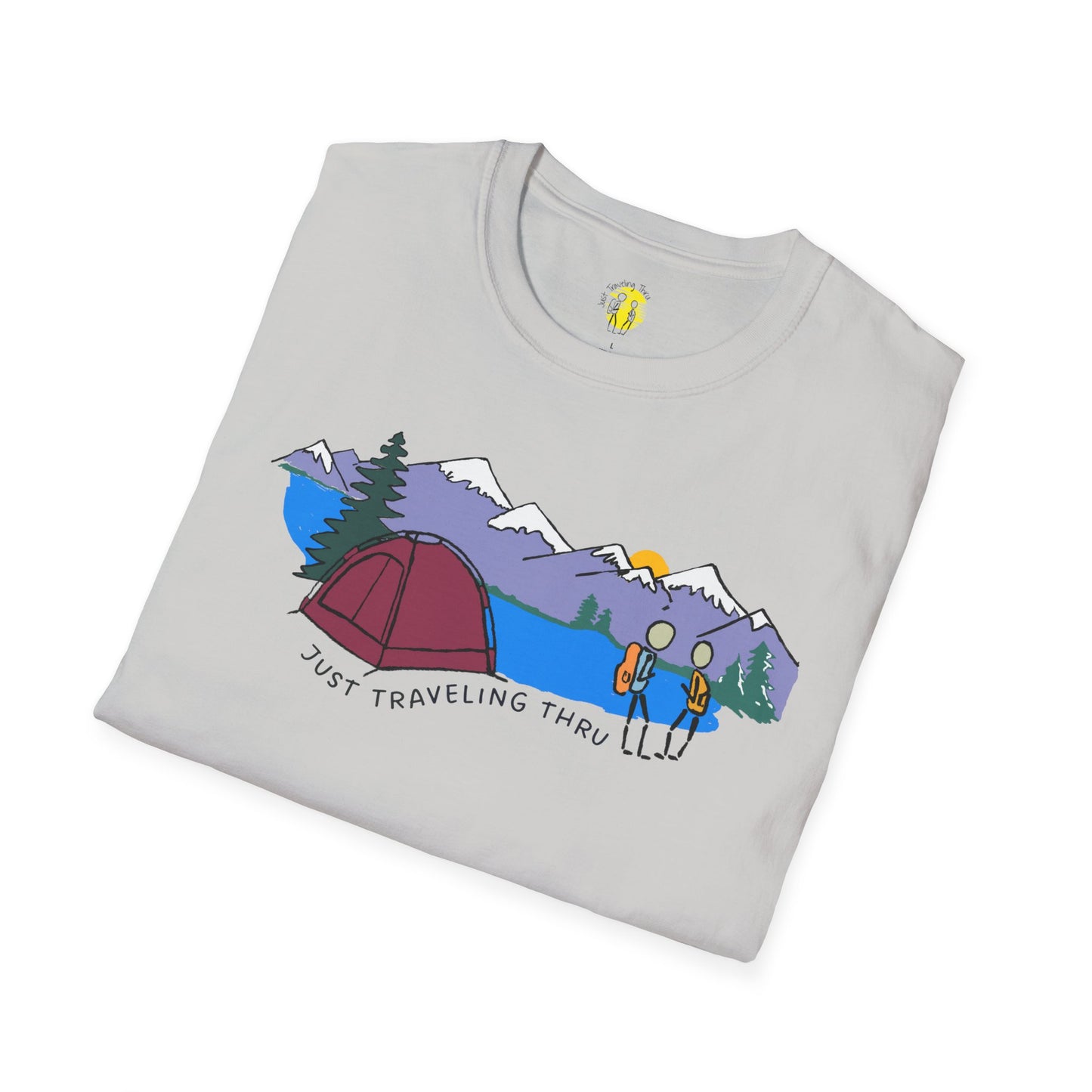ποΈπ« "Camping Adventure Awaits: Just Traveling Thru Mountain Escape Softstyle Tee" πποΈ