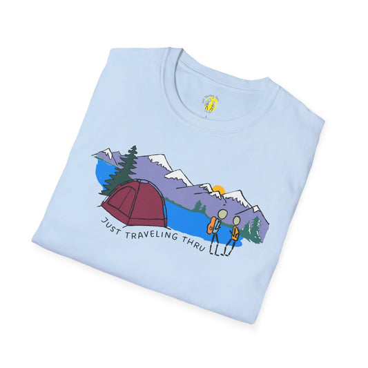 ποΈπ« "Camping Adventure Awaits: Just Traveling Thru Mountain Escape Softstyle Tee" πποΈ