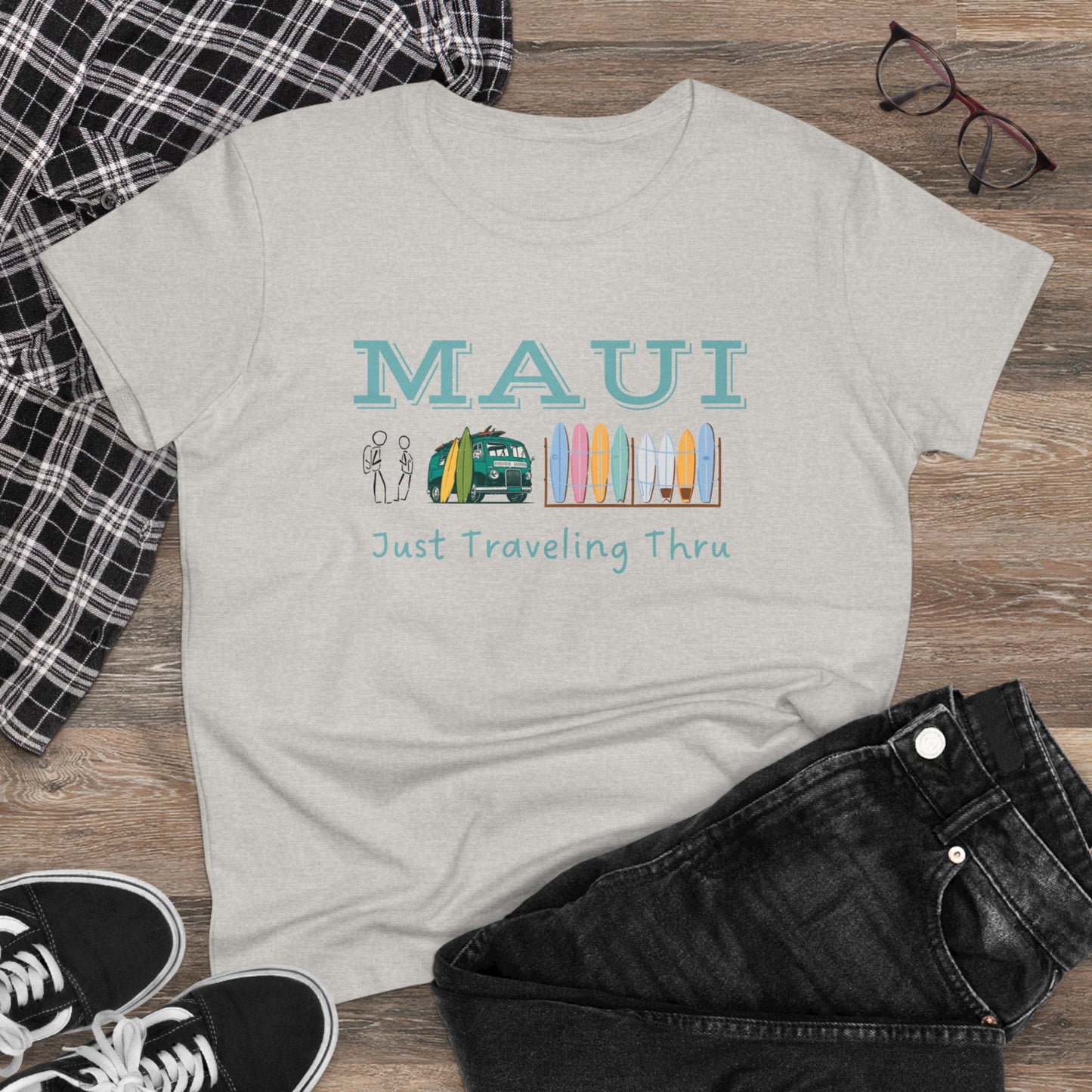 πΊπ "Maui Adventure Awaits: Just Traveling Thru Women's Hawaii Tee with Surf Van" πββοΈπ