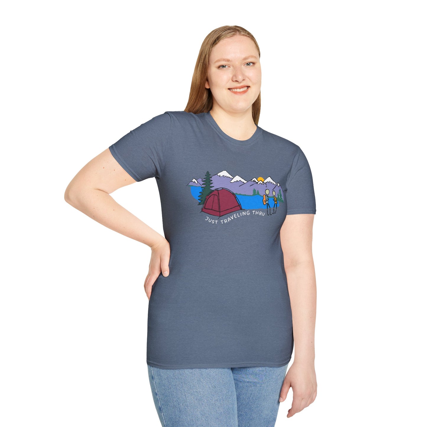 ποΈπ« "Camping Adventure Awaits: Just Traveling Thru Mountain Escape Softstyle Tee" πποΈ