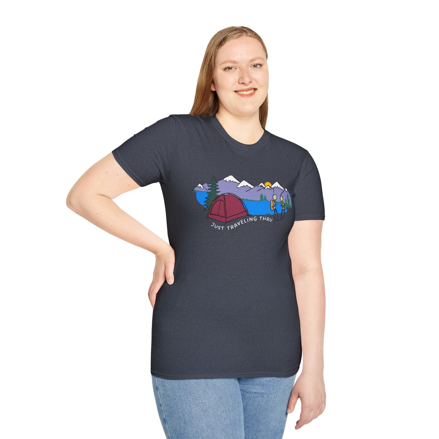 ποΈπ« "Camping Adventure Awaits: Just Traveling Thru Mountain Escape Softstyle Tee" πποΈ
