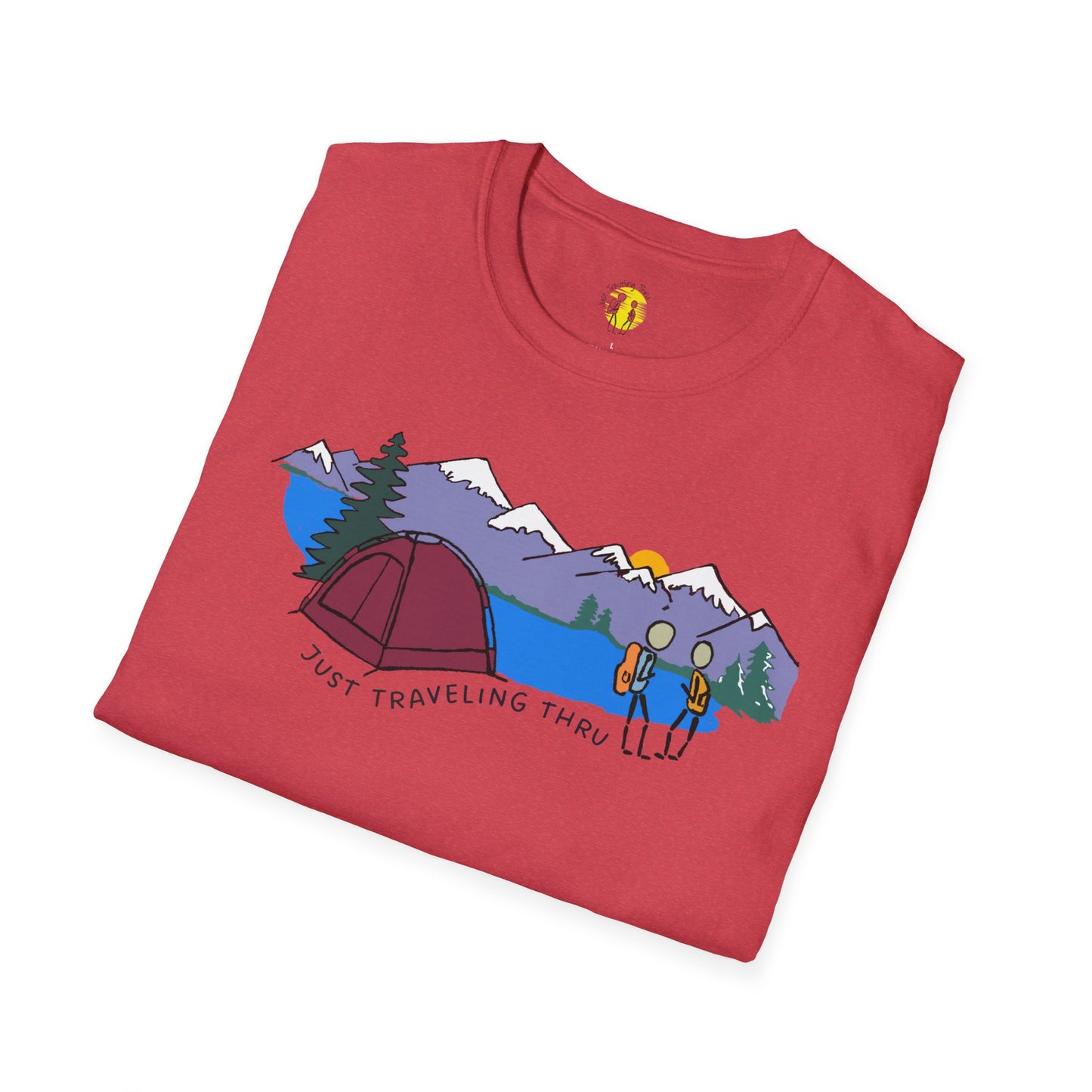 ποΈπ« "Camping Adventure Awaits: Just Traveling Thru Mountain Escape Softstyle Tee" πποΈ