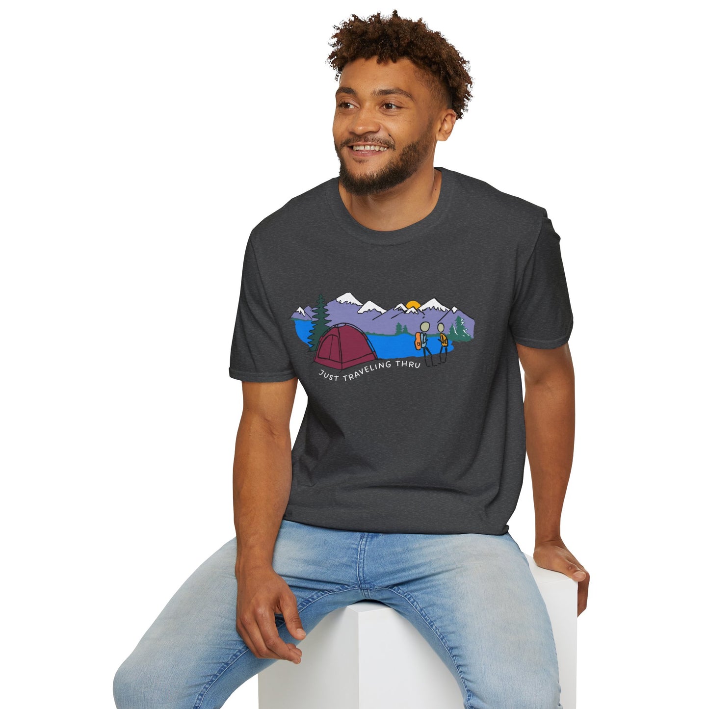 ποΈπ« "Camping Adventure Awaits: Just Traveling Thru Mountain Escape Softstyle Tee" πποΈ