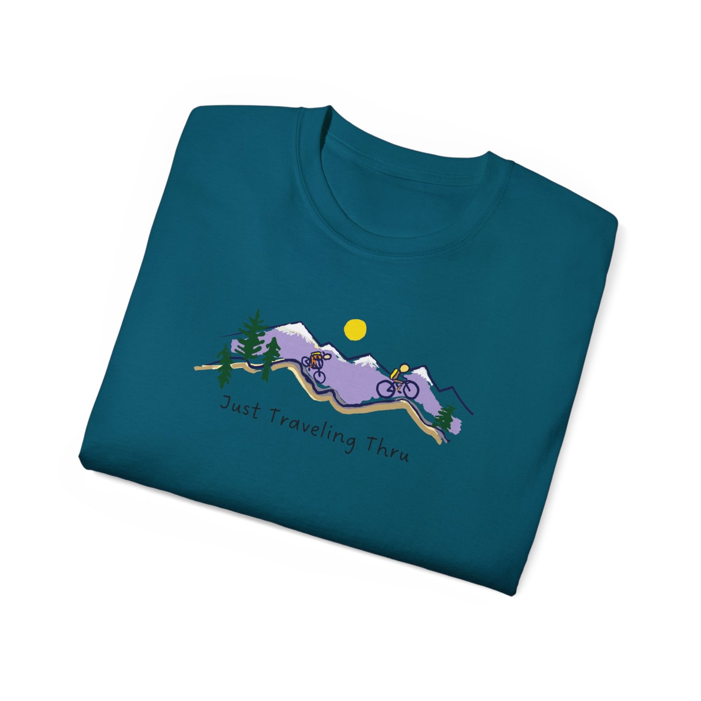 π΅ββοΈπ΅ββοΈ "Mountain Biking Bliss: Just Traveling Thru Adventure Tee" π²βοΈ