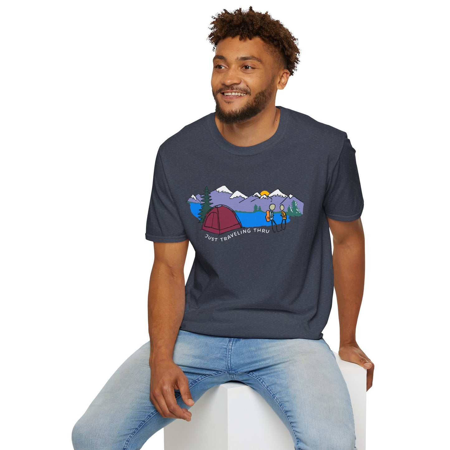 ποΈπ« "Camping Adventure Awaits: Just Traveling Thru Mountain Escape Softstyle Tee" πποΈ