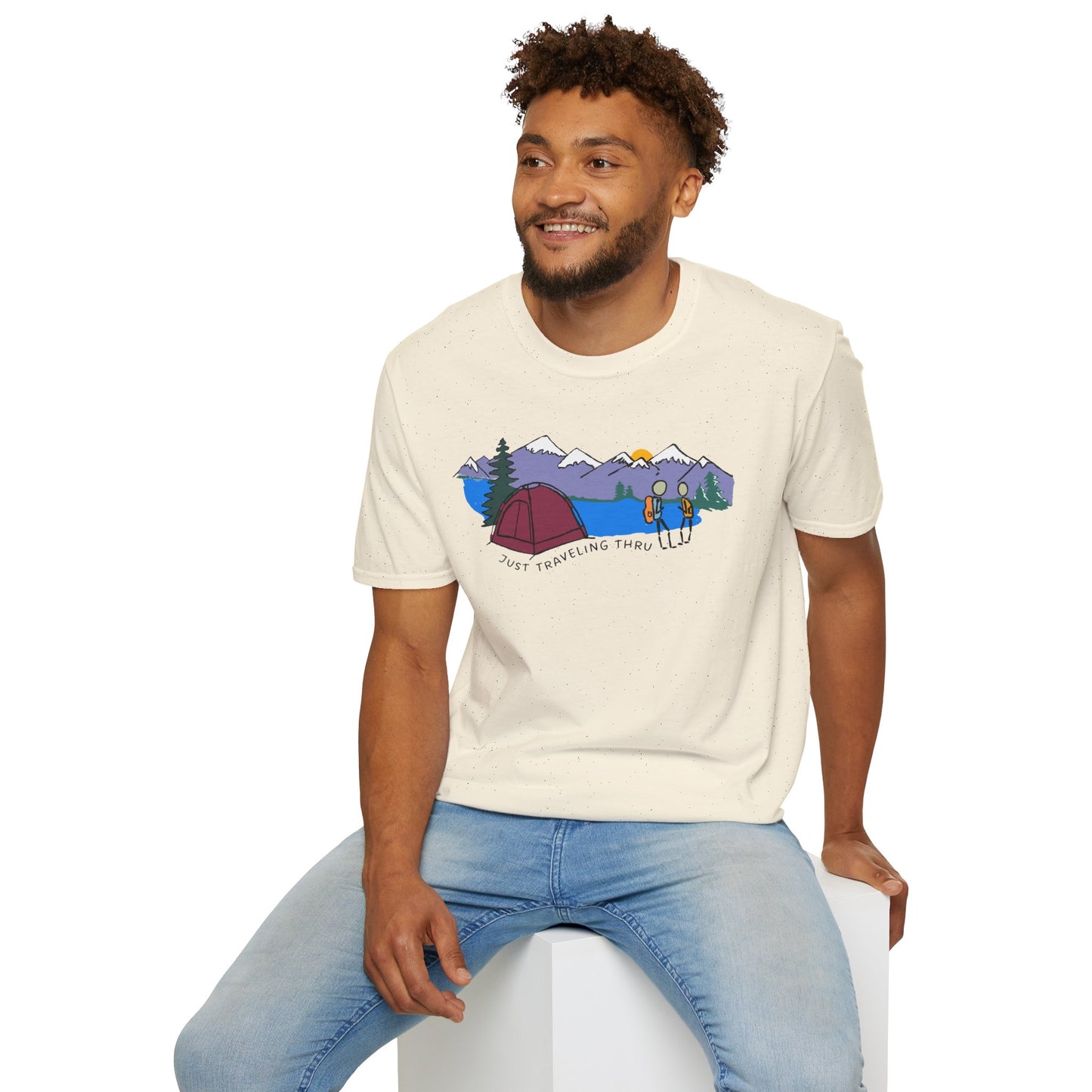 ποΈπ« "Camping Adventure Awaits: Just Traveling Thru Mountain Escape Softstyle Tee" πποΈ