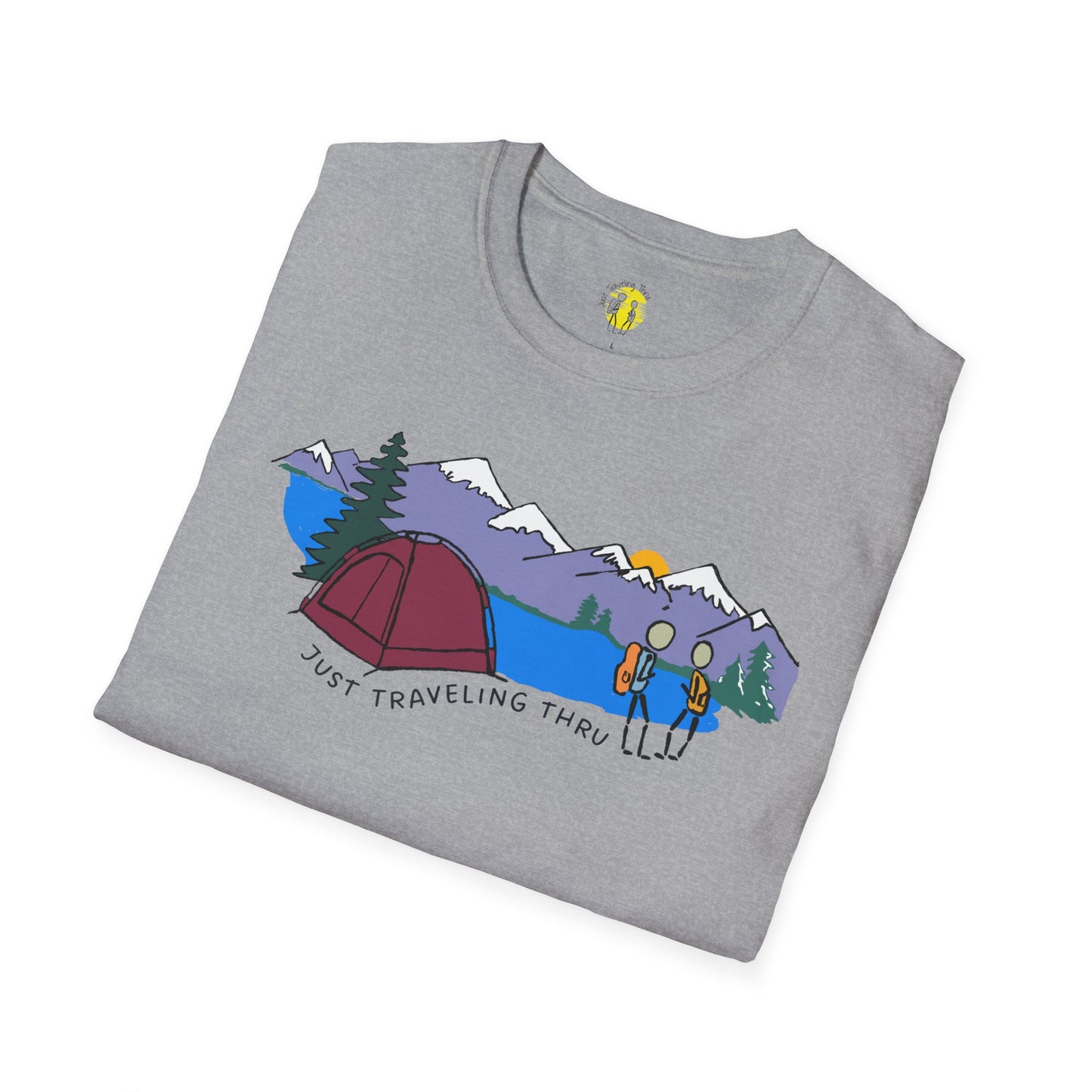 ποΈπ« "Camping Adventure Awaits: Just Traveling Thru Mountain Escape Softstyle Tee" πποΈ