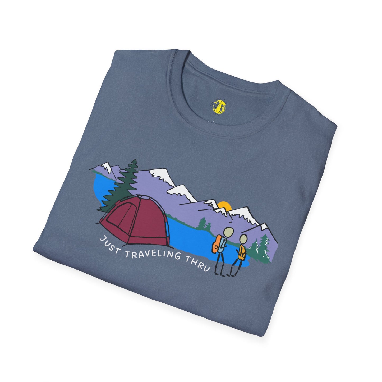 ποΈπ« "Camping Adventure Awaits: Just Traveling Thru Mountain Escape Softstyle Tee" πποΈ