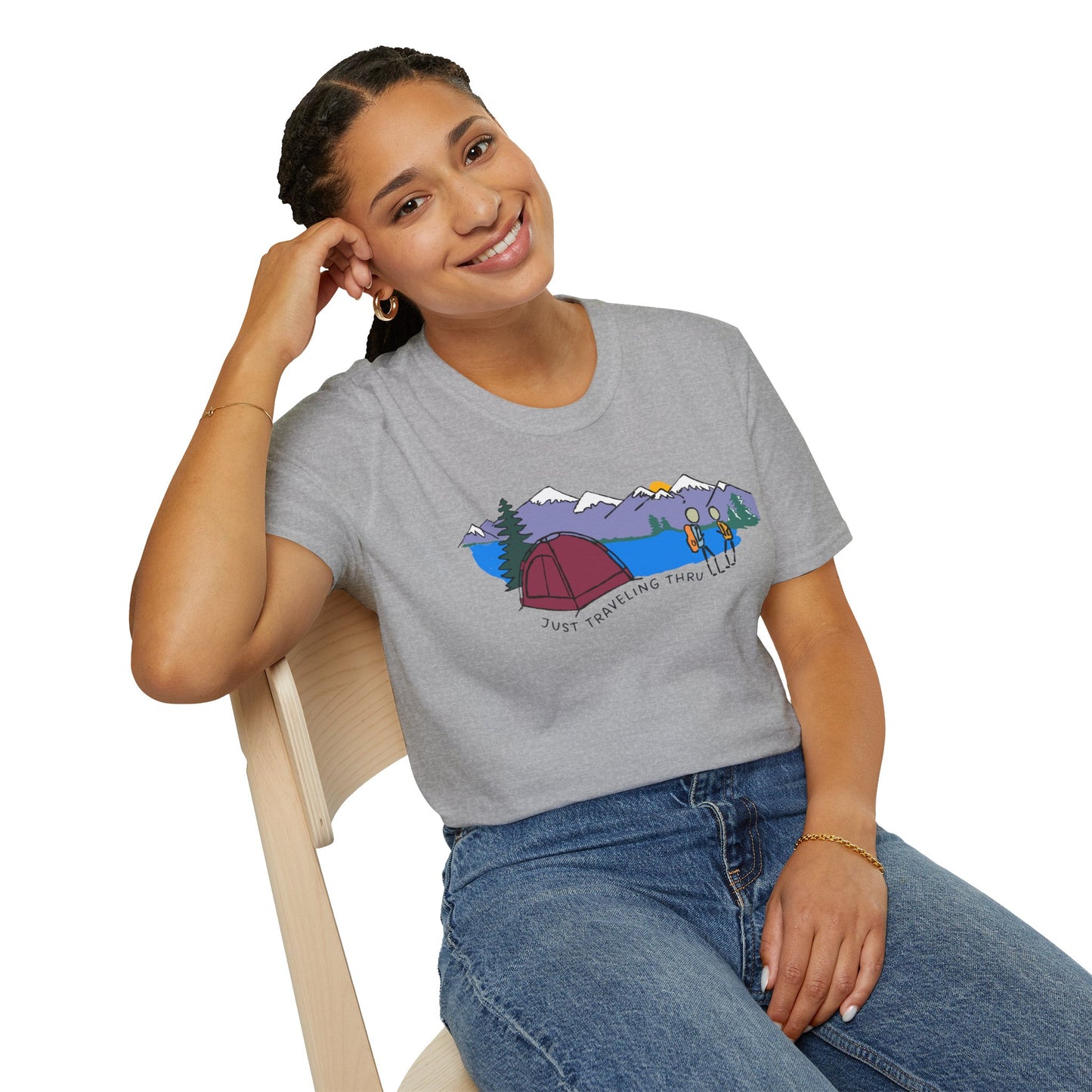 ποΈπ« "Camping Adventure Awaits: Just Traveling Thru Mountain Escape Softstyle Tee" πποΈ