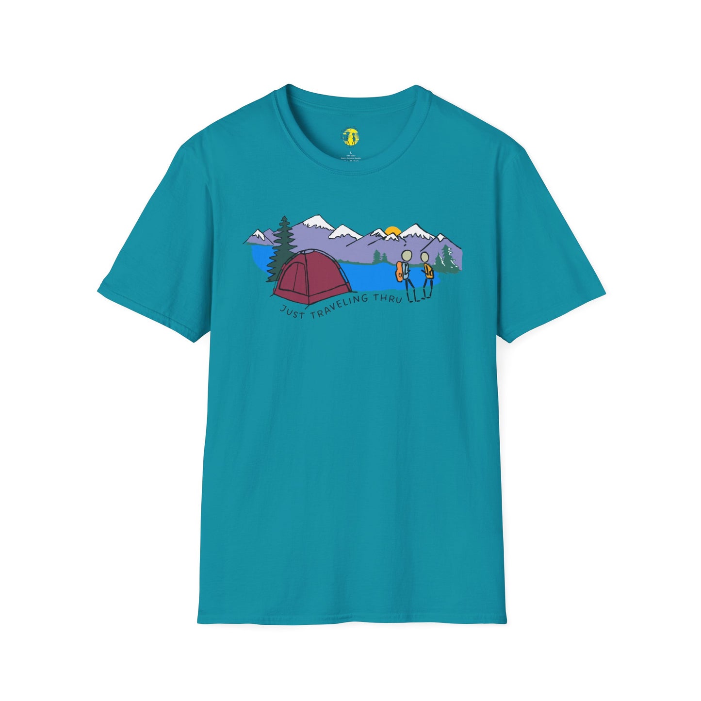 ποΈπ« "Camping Adventure Awaits: Just Traveling Thru Mountain Escape Softstyle Tee" πποΈ