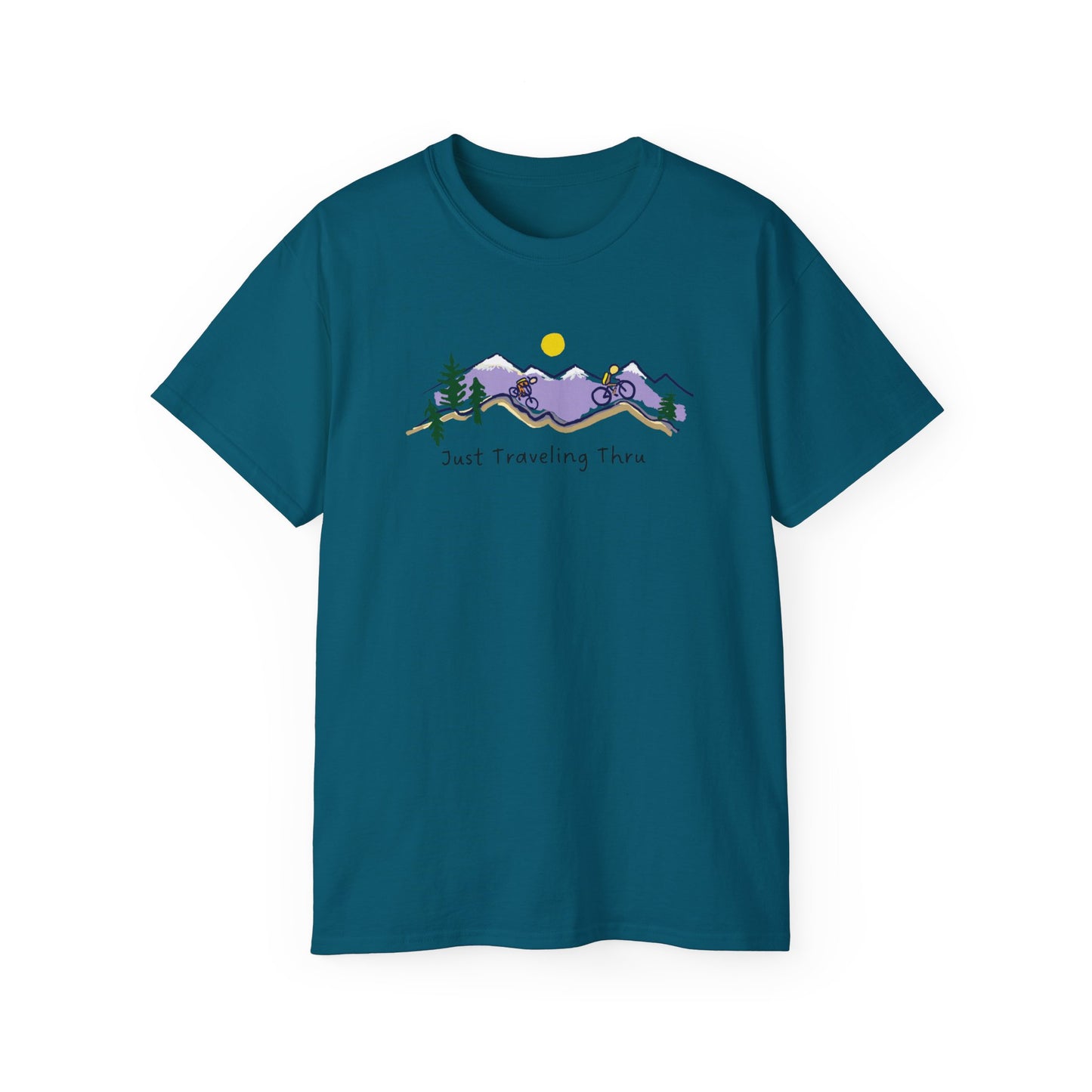 π΅ββοΈπ΅ββοΈ "Mountain Biking Bliss: Just Traveling Thru Adventure Tee" π²βοΈ