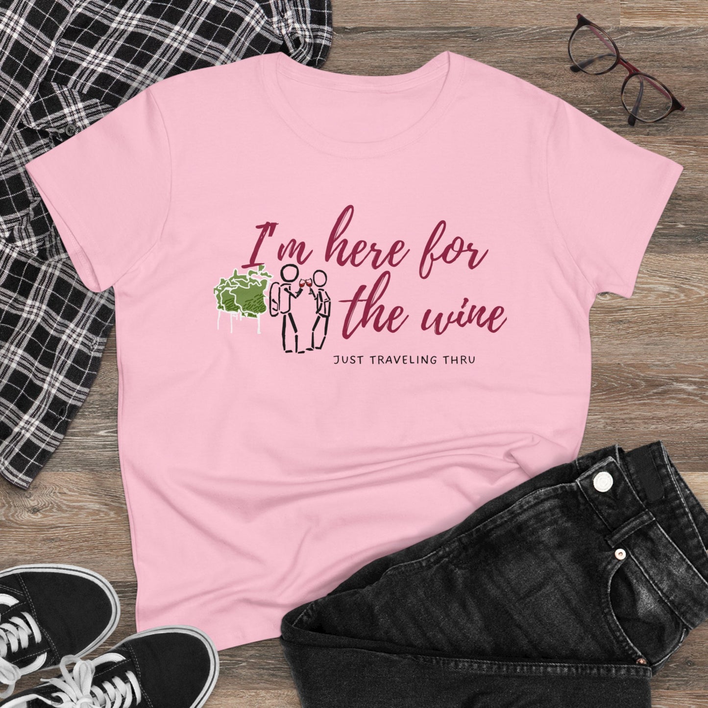 π·π "Cheers to Fun: 'I'm Just Here for the Wine' Women's Tee by Just Traveling Thru" ππ