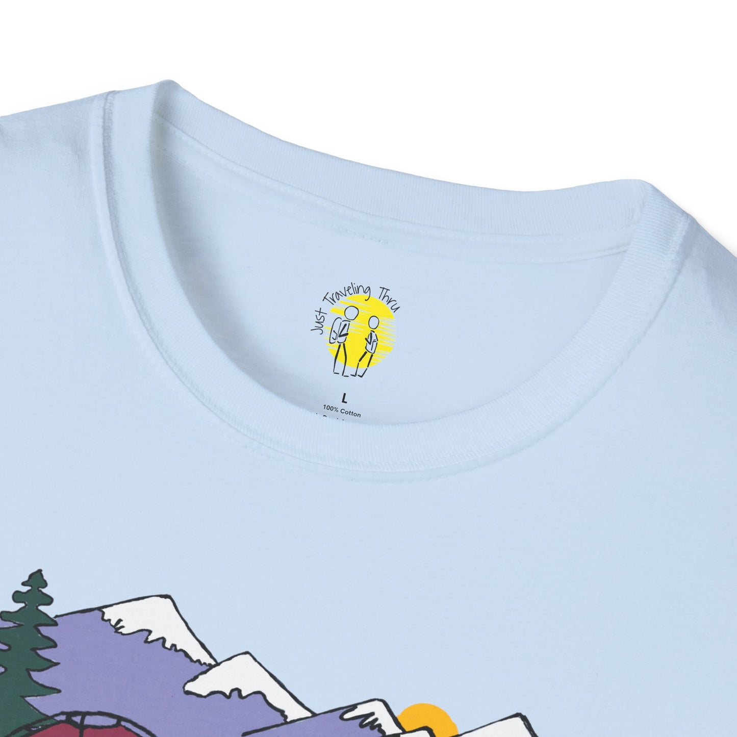ποΈπ« "Camping Adventure Awaits: Just Traveling Thru Mountain Escape Softstyle Tee" πποΈ