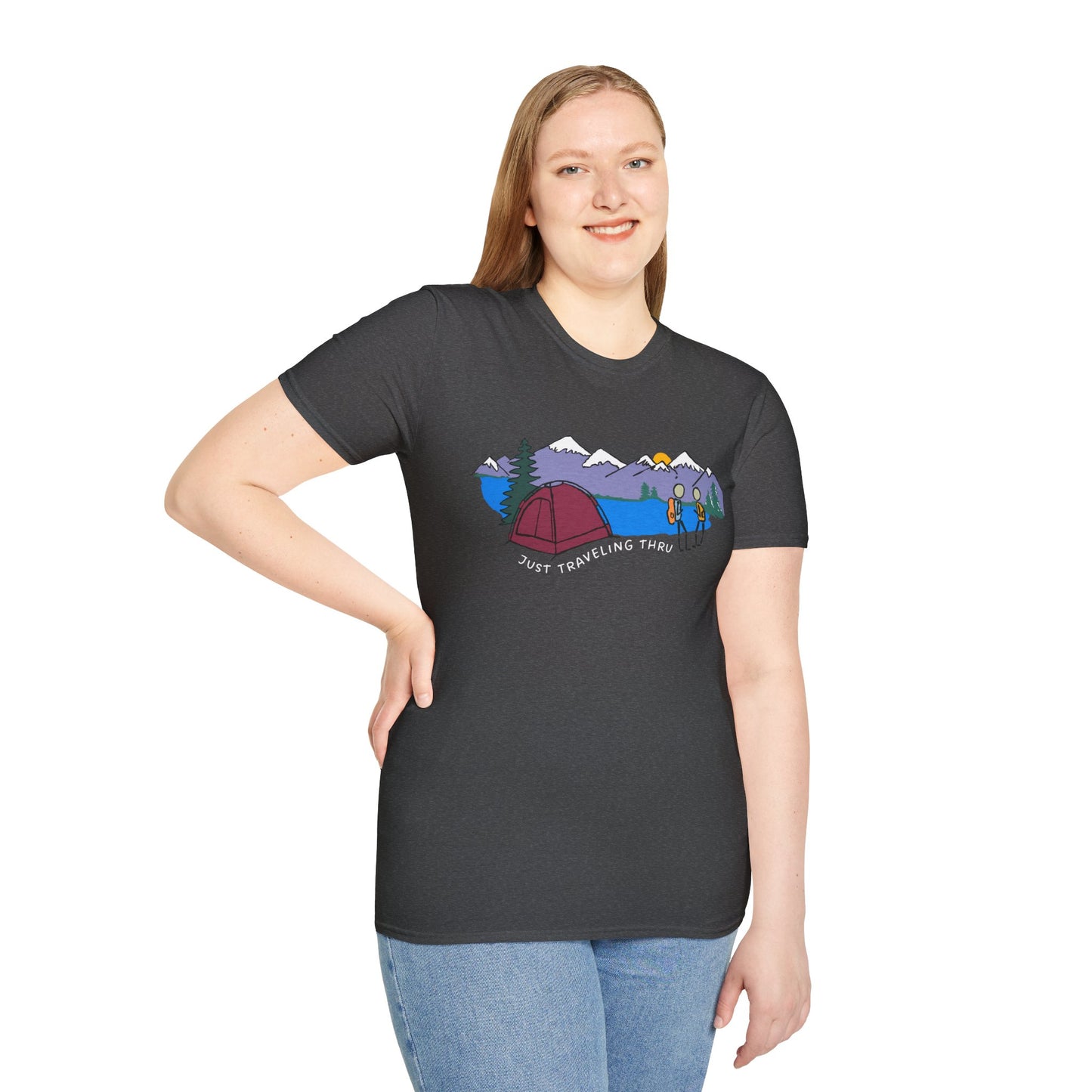 ποΈπ« "Camping Adventure Awaits: Just Traveling Thru Mountain Escape Softstyle Tee" πποΈ