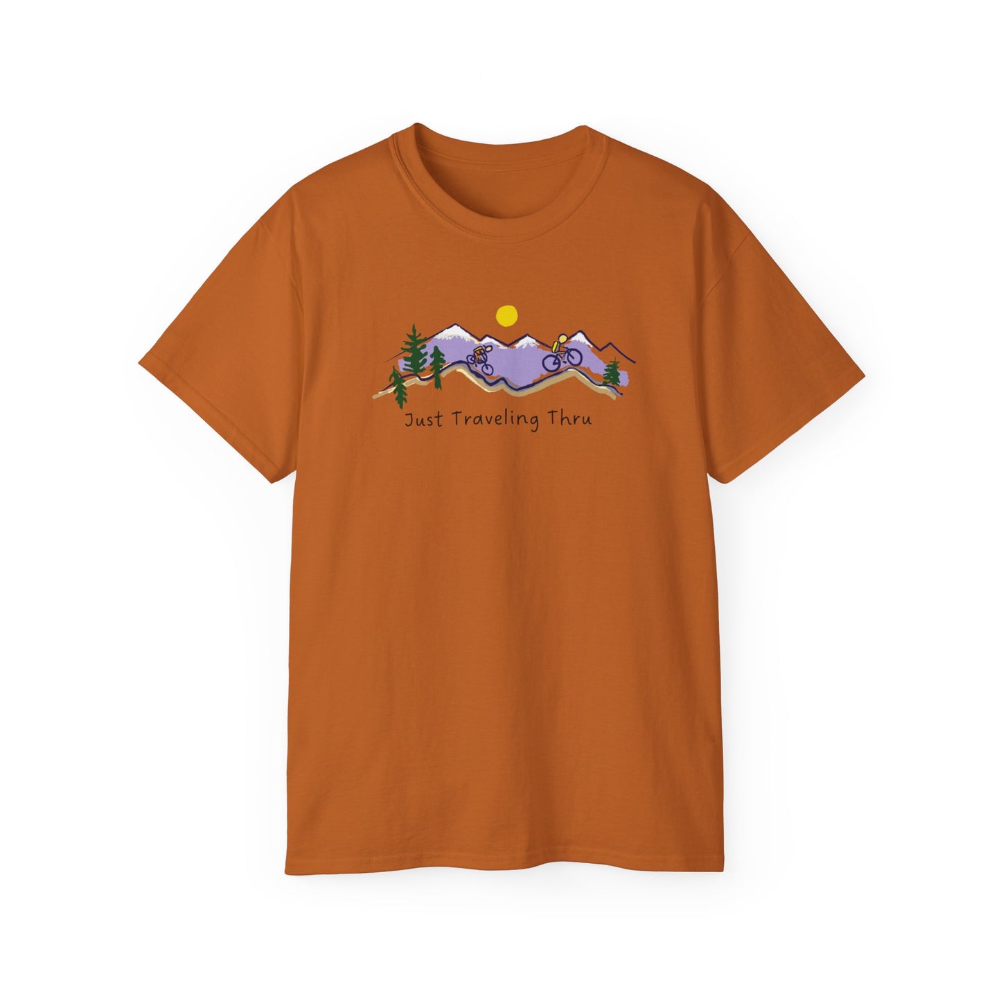 π΅ββοΈπ΅ββοΈ "Mountain Biking Bliss: Just Traveling Thru Adventure Tee" π²βοΈ