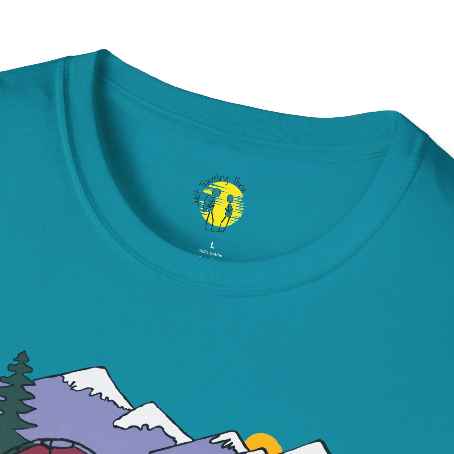 ποΈπ« "Camping Adventure Awaits: Just Traveling Thru Mountain Escape Softstyle Tee" πποΈ