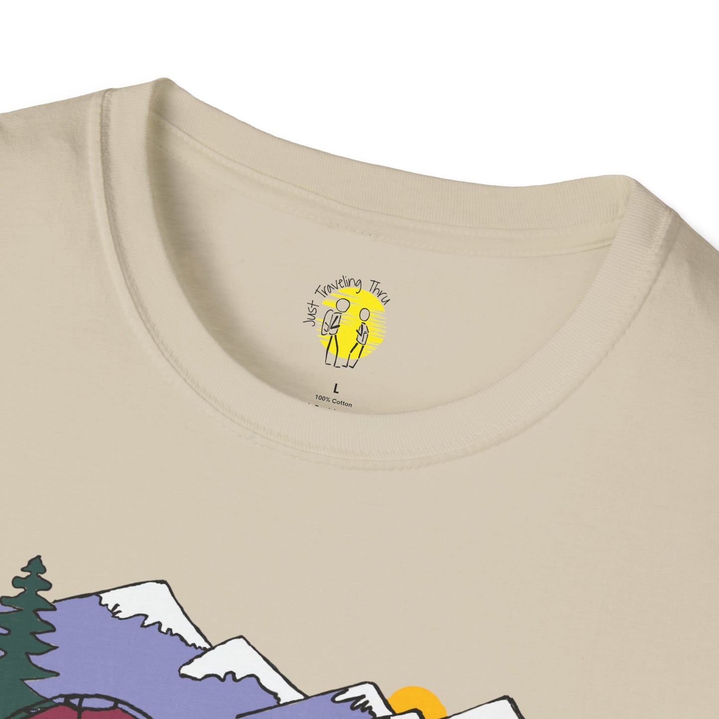 ποΈπ« "Camping Adventure Awaits: Just Traveling Thru Mountain Escape Softstyle Tee" πποΈ