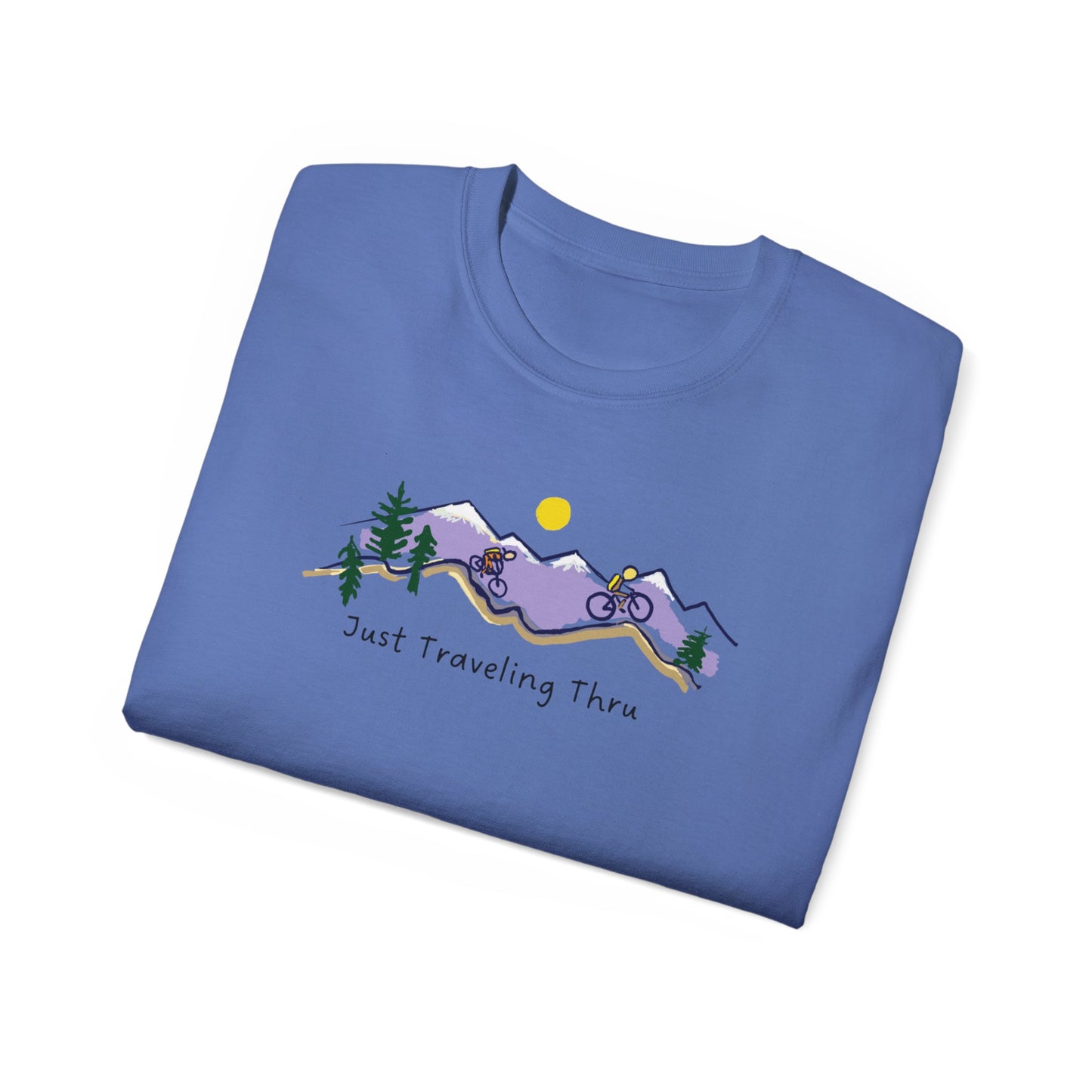π΅ββοΈπ΅ββοΈ "Mountain Biking Bliss: Just Traveling Thru Adventure Tee" π²βοΈ
