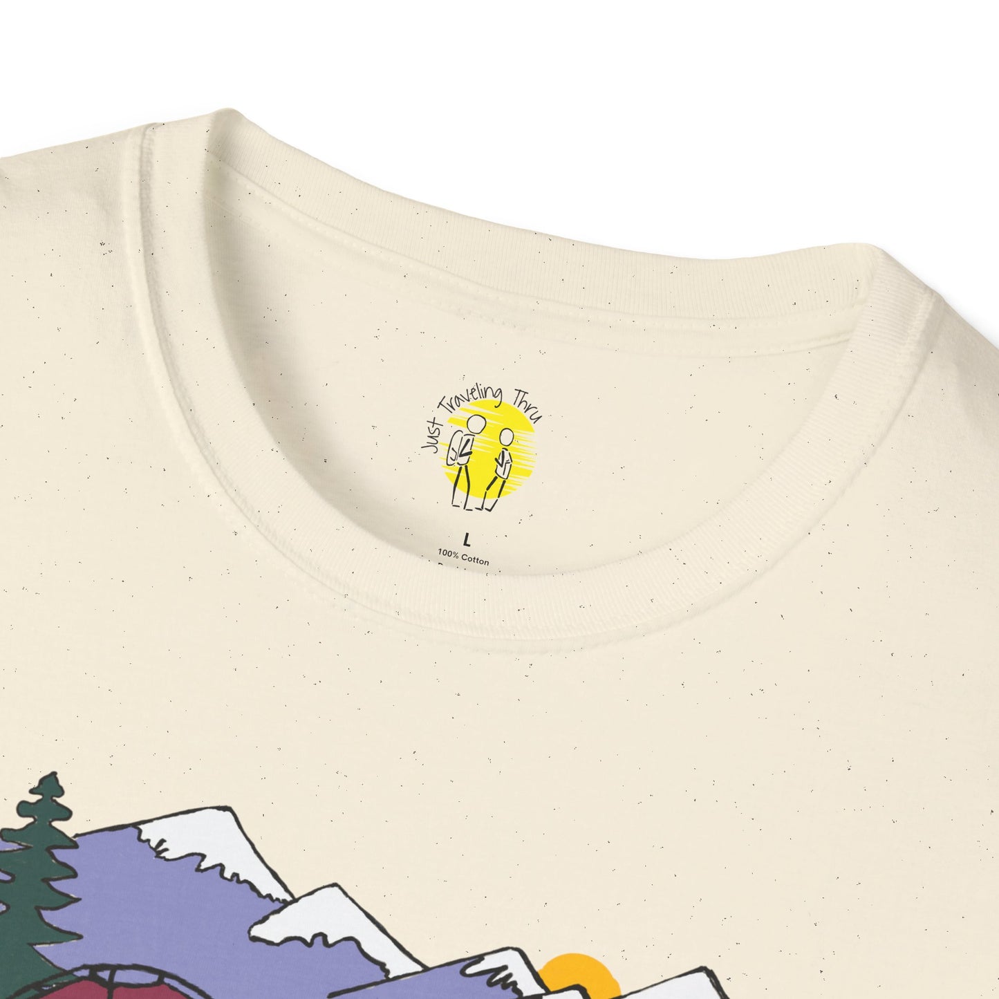ποΈπ« "Camping Adventure Awaits: Just Traveling Thru Mountain Escape Softstyle Tee" πποΈ