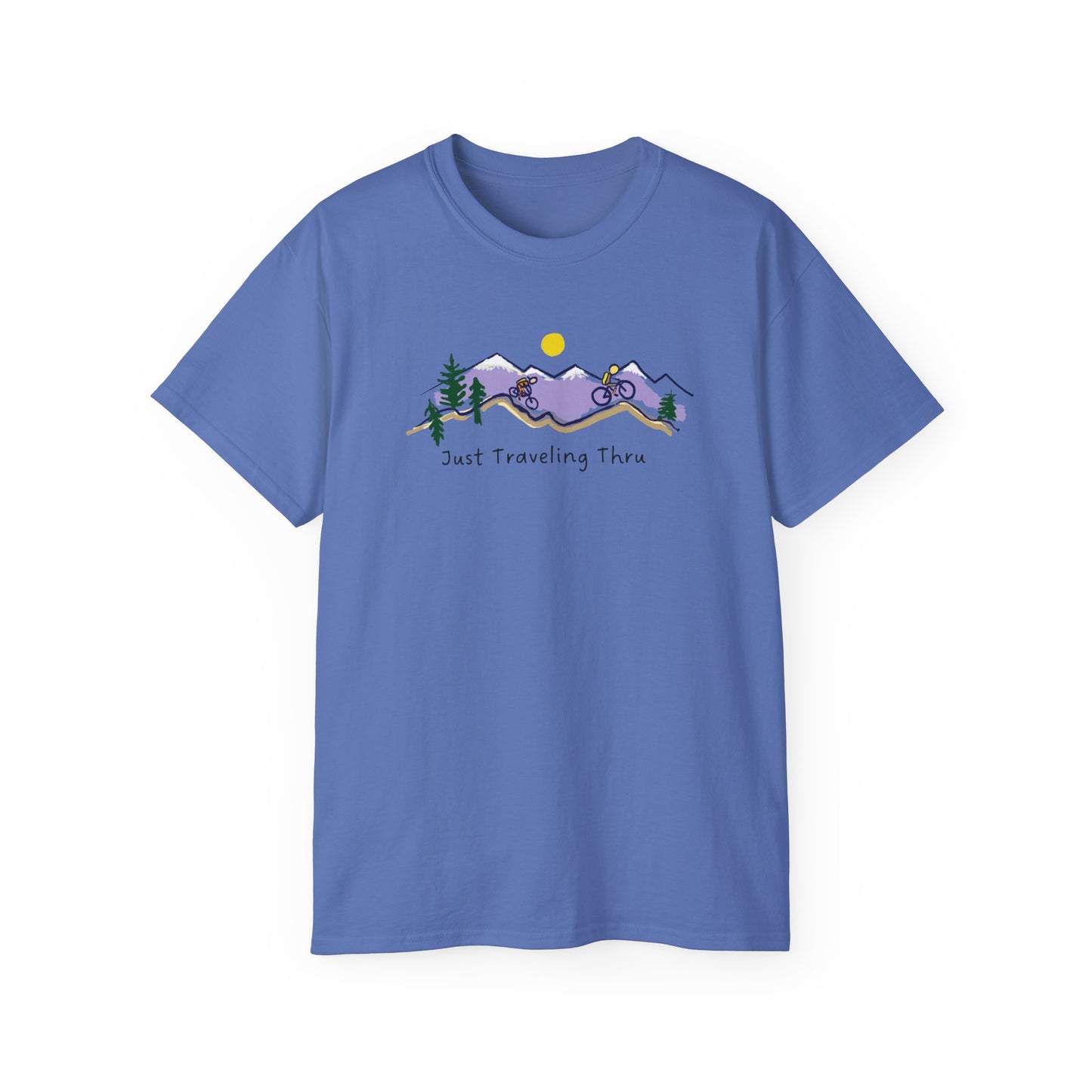 π΅ββοΈπ΅ββοΈ "Mountain Biking Bliss: Just Traveling Thru Adventure Tee" π²βοΈ