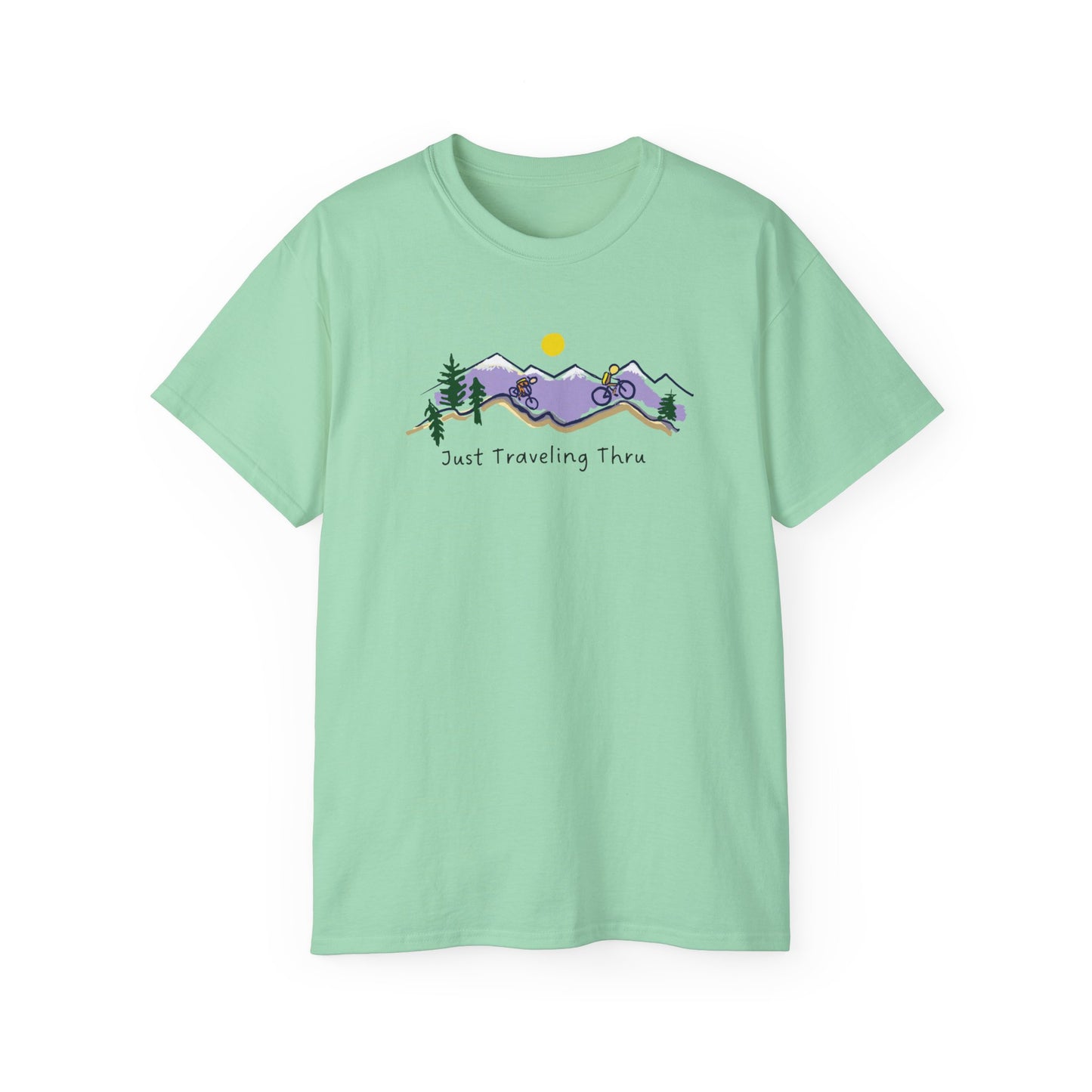 π΅ββοΈπ΅ββοΈ "Mountain Biking Bliss: Just Traveling Thru Adventure Tee" π²βοΈ