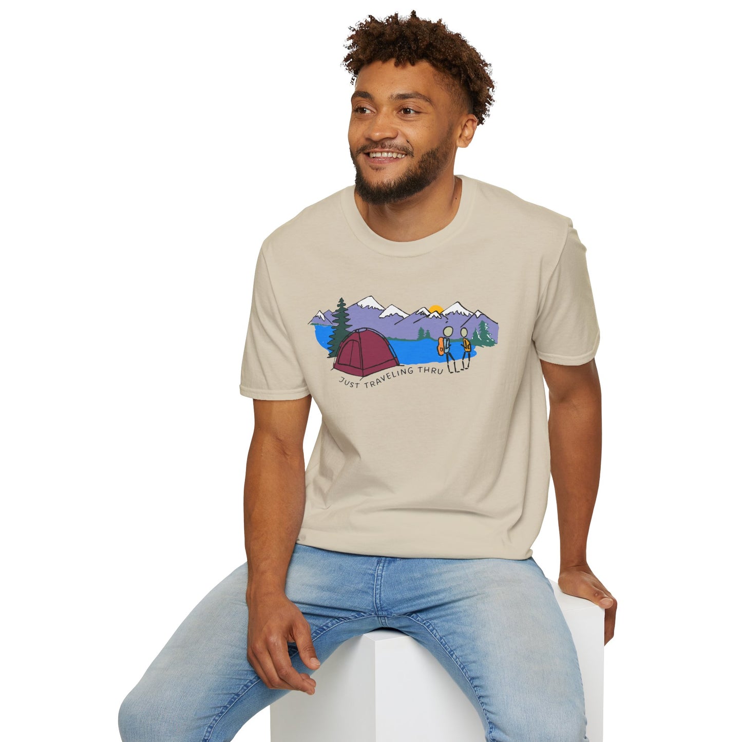 ποΈπ« "Camping Adventure Awaits: Just Traveling Thru Mountain Escape Softstyle Tee" πποΈ