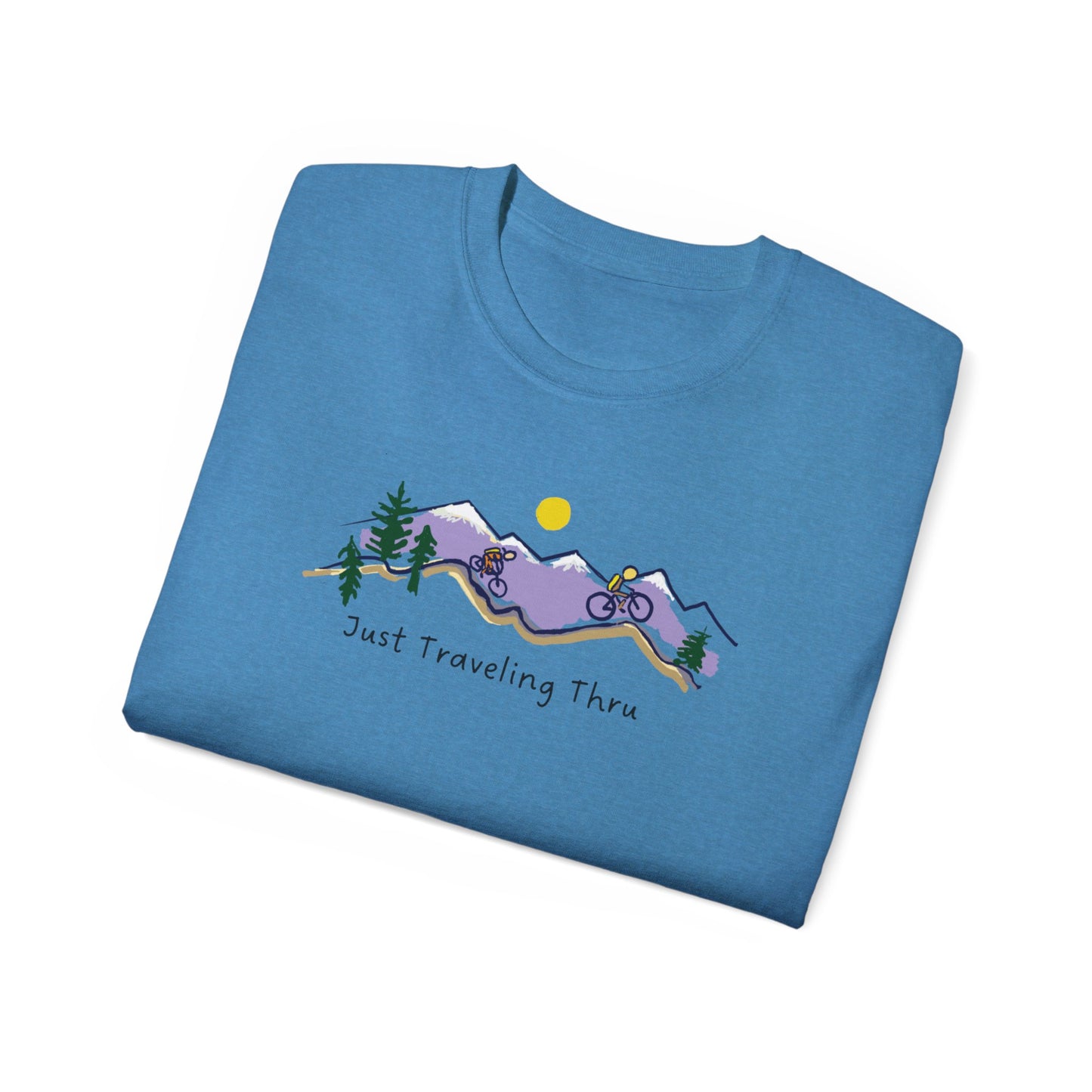 π΅ββοΈπ΅ββοΈ "Mountain Biking Bliss: Just Traveling Thru Adventure Tee" π²βοΈ