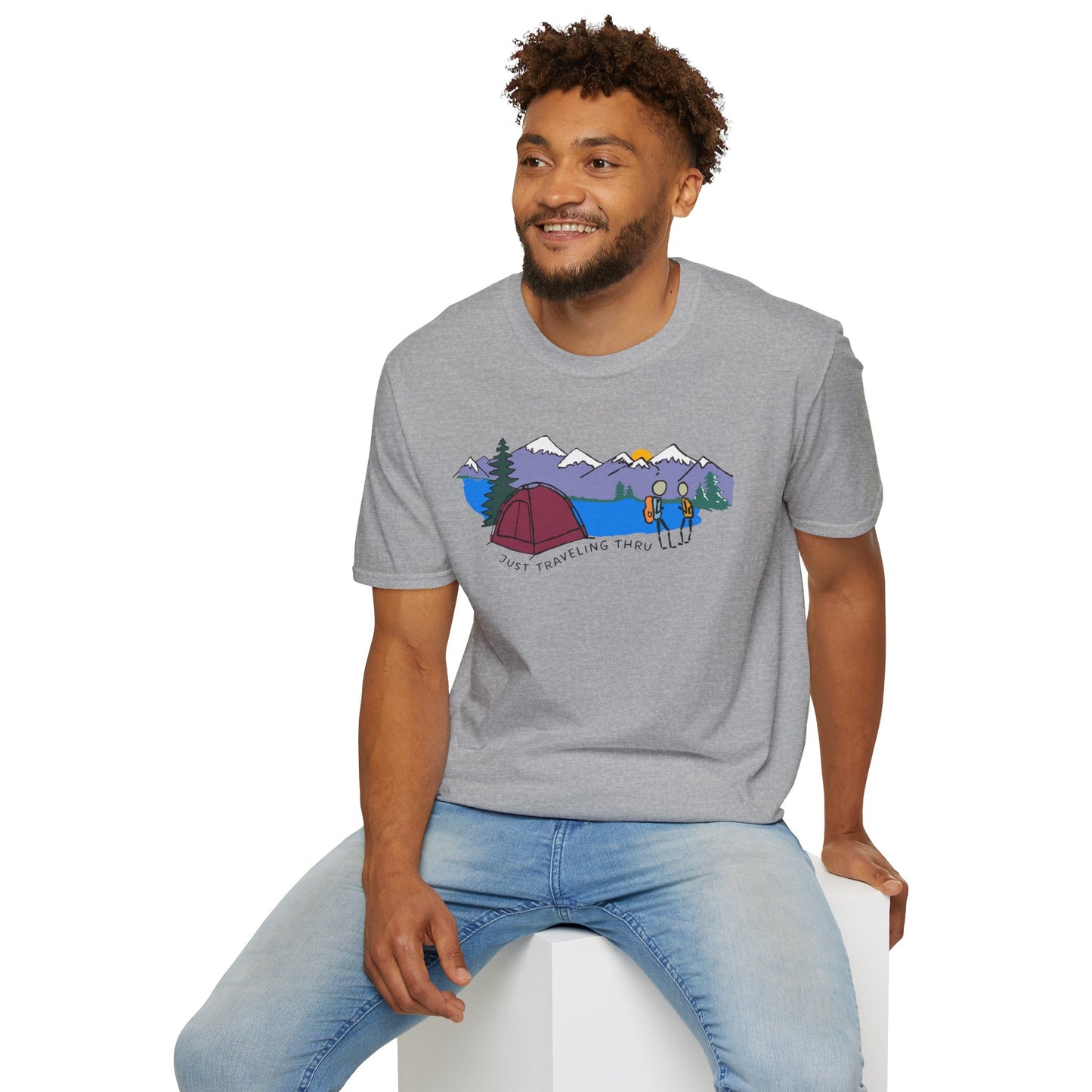 ποΈπ« "Camping Adventure Awaits: Just Traveling Thru Mountain Escape Softstyle Tee" πποΈ