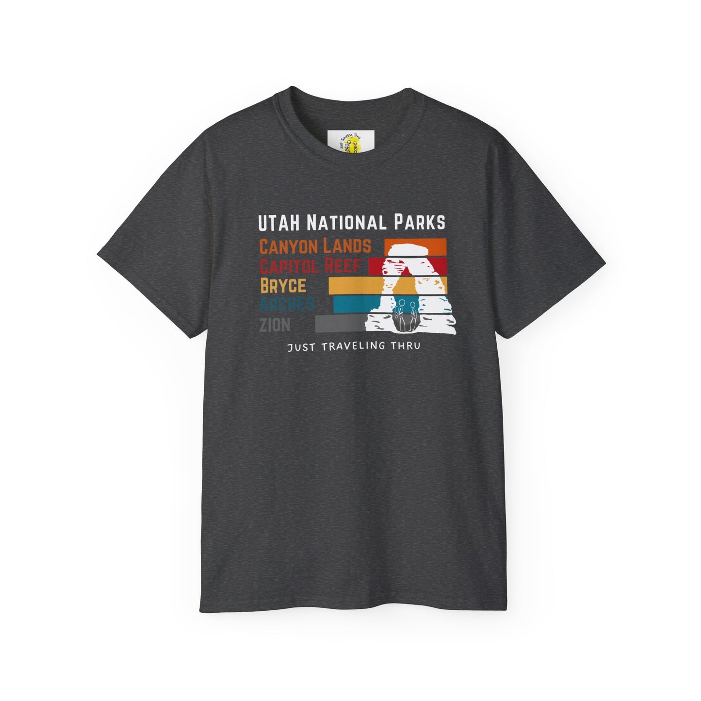 ποΈποΈ "Utah National Parks Adventure Tee: Arches, Zion, Canyonlands, Bryce Canyon, Capitol Reef - Just Traveling Thru" πβοΈ