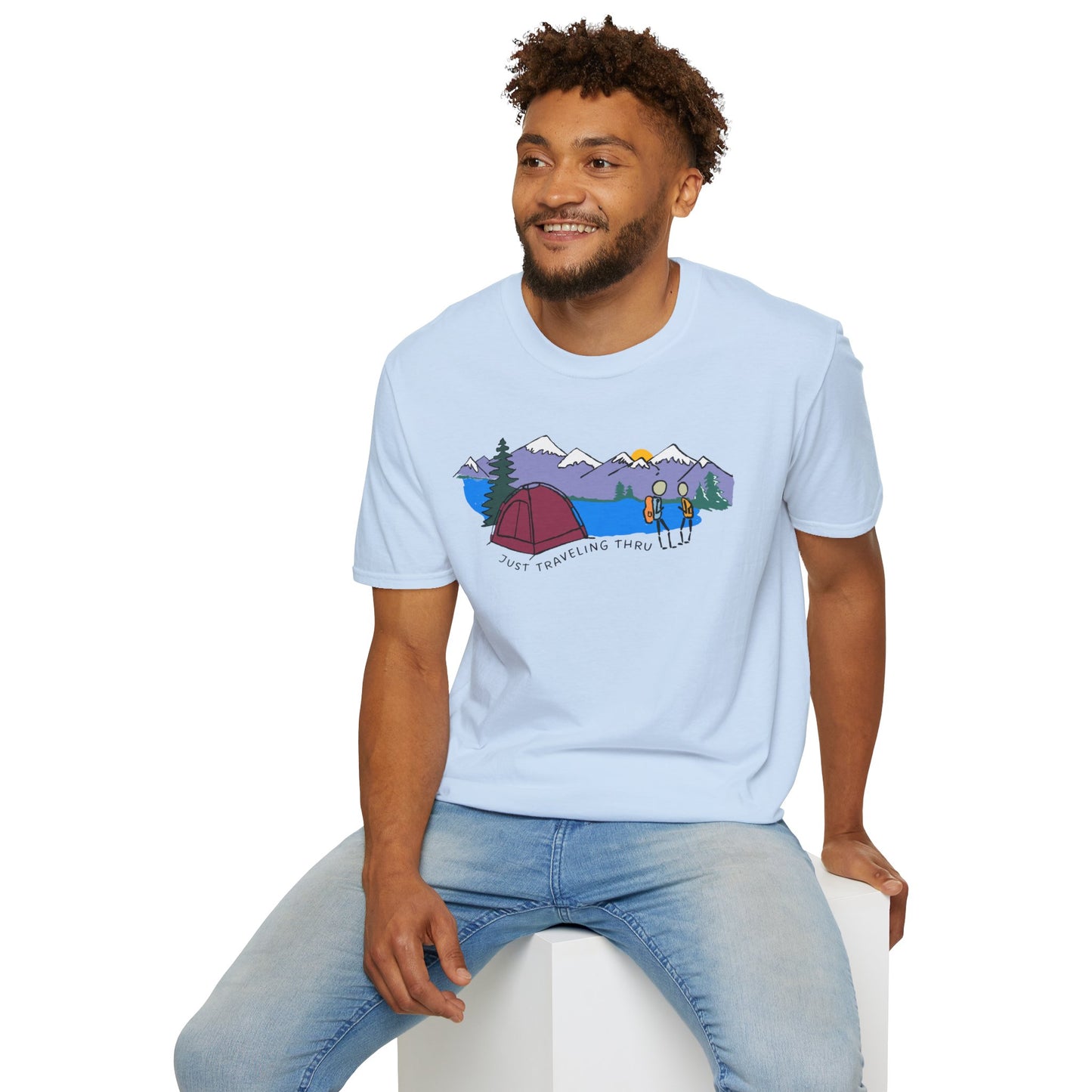ποΈπ« "Camping Adventure Awaits: Just Traveling Thru Mountain Escape Softstyle Tee" πποΈ