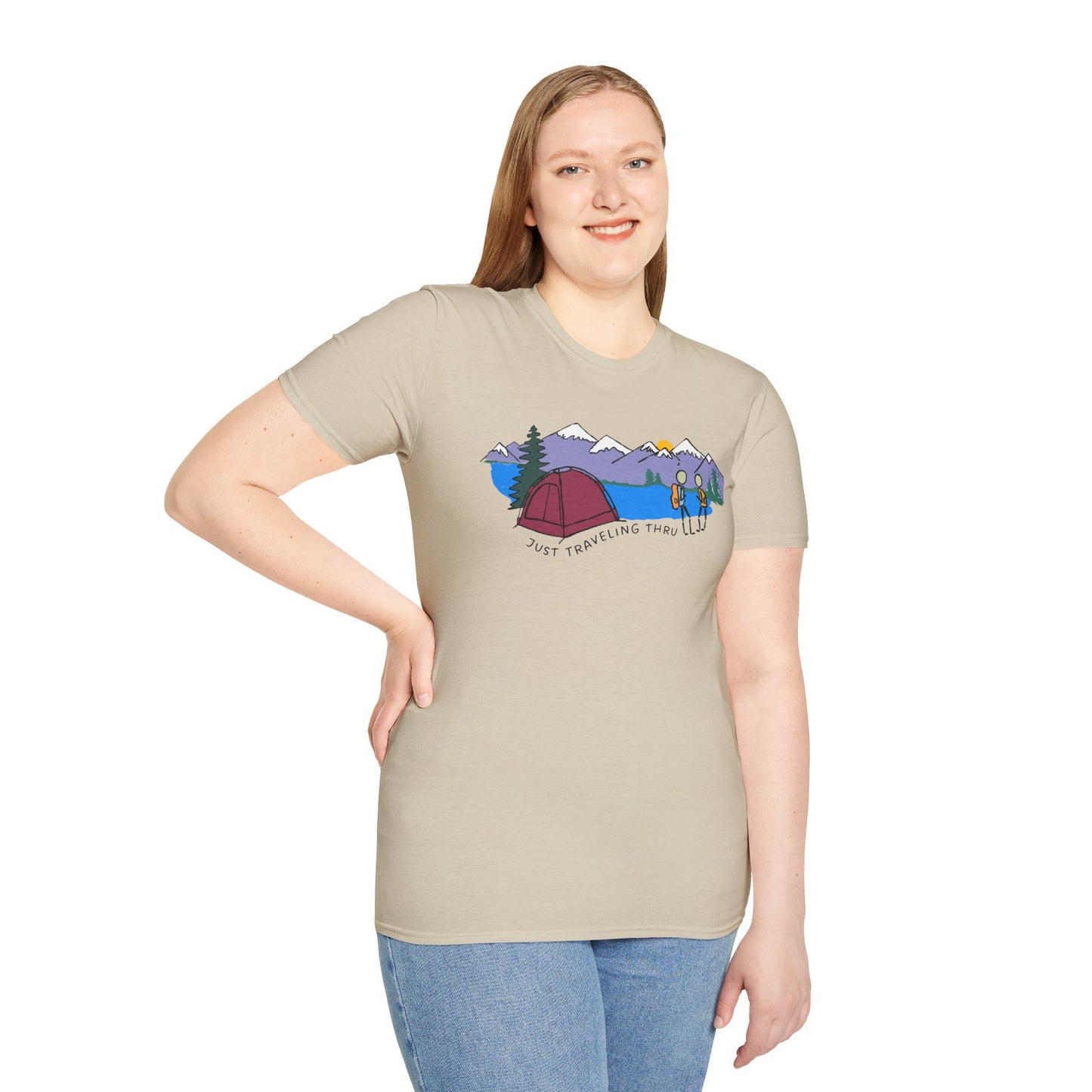 ποΈπ« "Camping Adventure Awaits: Just Traveling Thru Mountain Escape Softstyle Tee" πποΈ