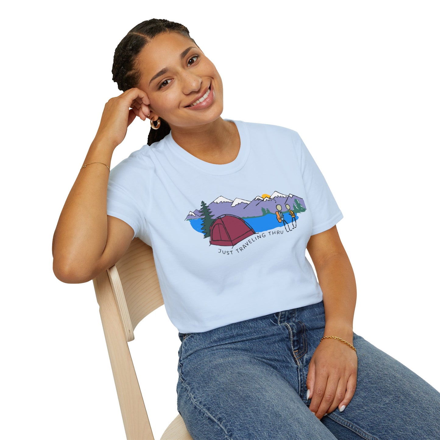 ποΈπ« "Camping Adventure Awaits: Just Traveling Thru Mountain Escape Softstyle Tee" πποΈ