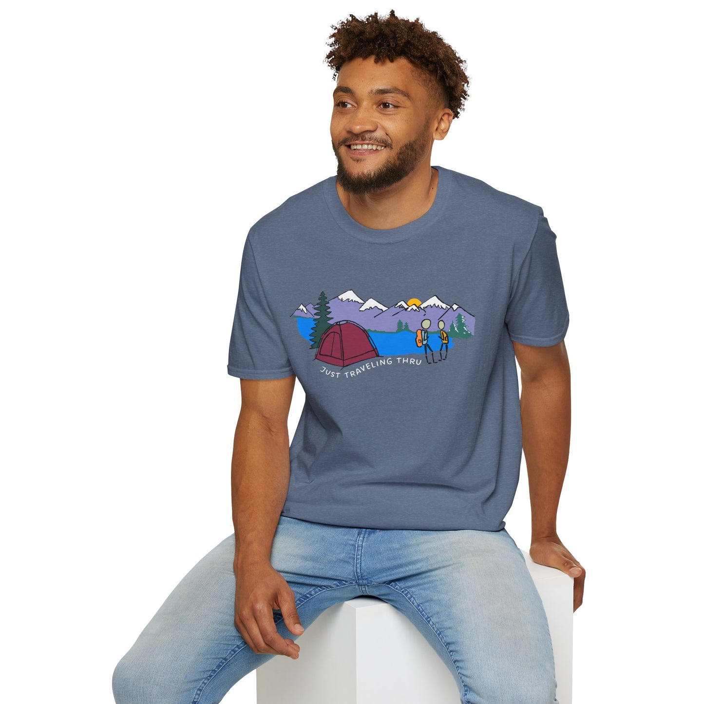 ποΈπ« "Camping Adventure Awaits: Just Traveling Thru Mountain Escape Softstyle Tee" πποΈ