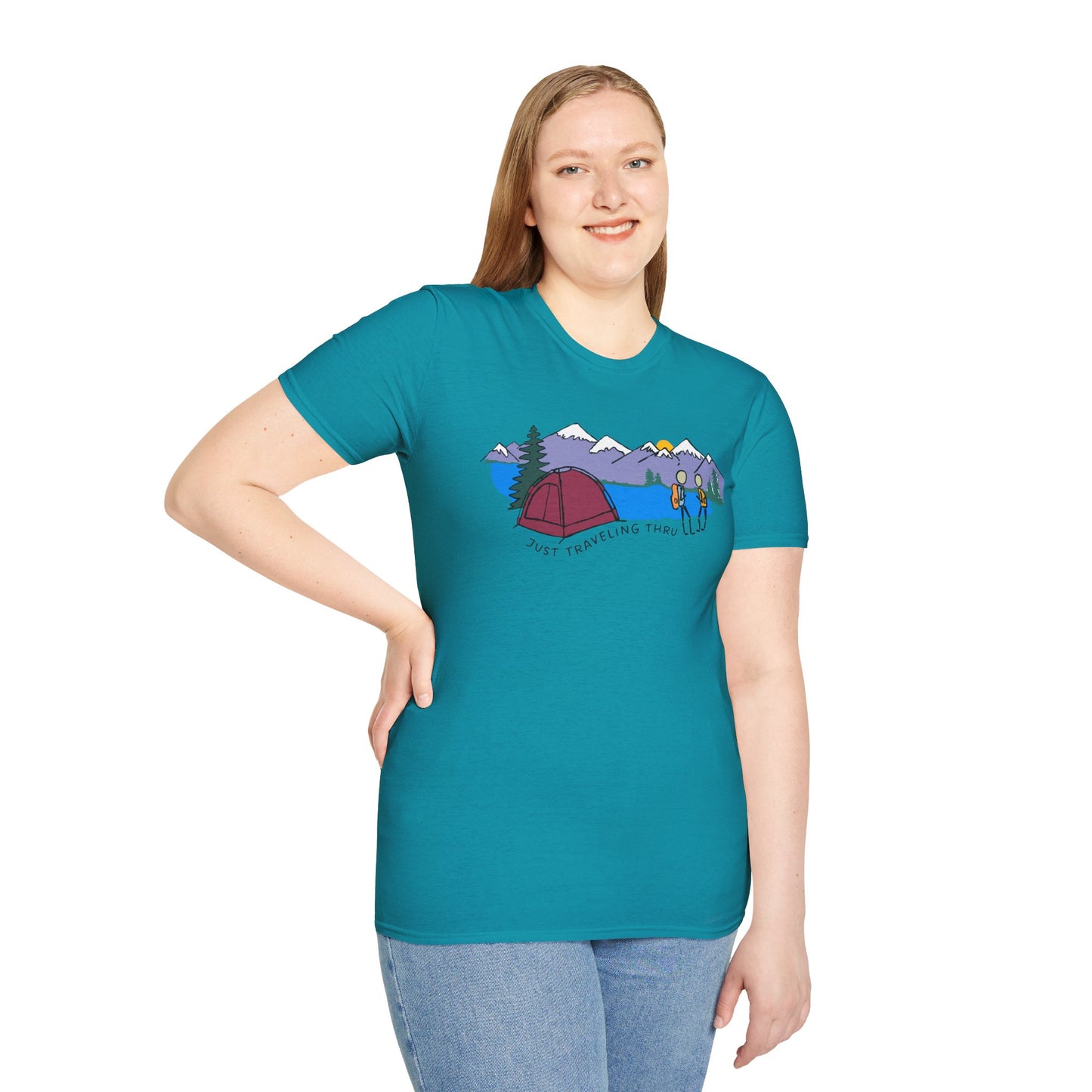 ποΈπ« "Camping Adventure Awaits: Just Traveling Thru Mountain Escape Softstyle Tee" πποΈ