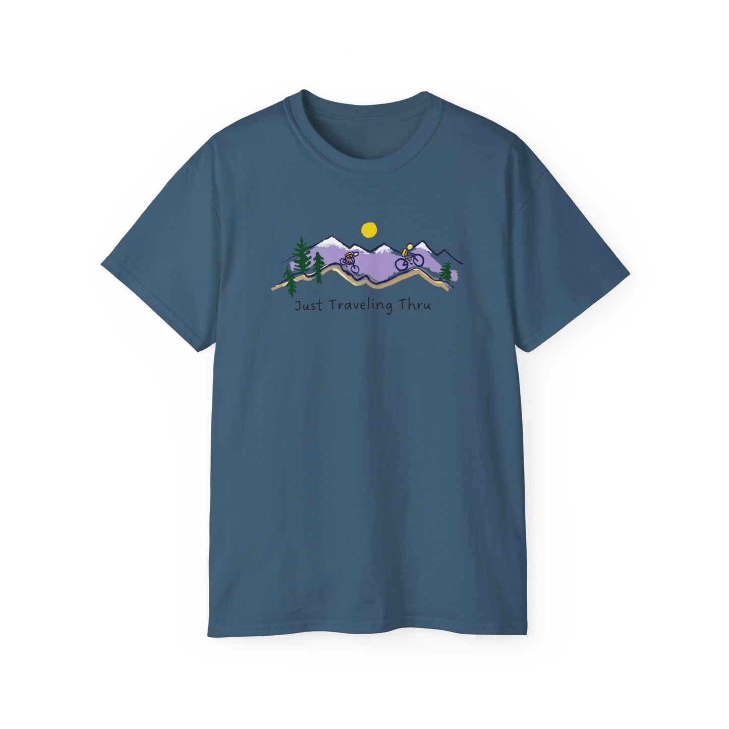 π΅ββοΈπ΅ββοΈ "Mountain Biking Bliss: Just Traveling Thru Adventure Tee" π²βοΈ