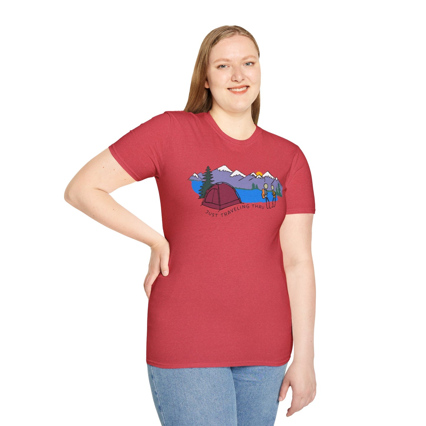 ποΈπ« "Camping Adventure Awaits: Just Traveling Thru Mountain Escape Softstyle Tee" πποΈ