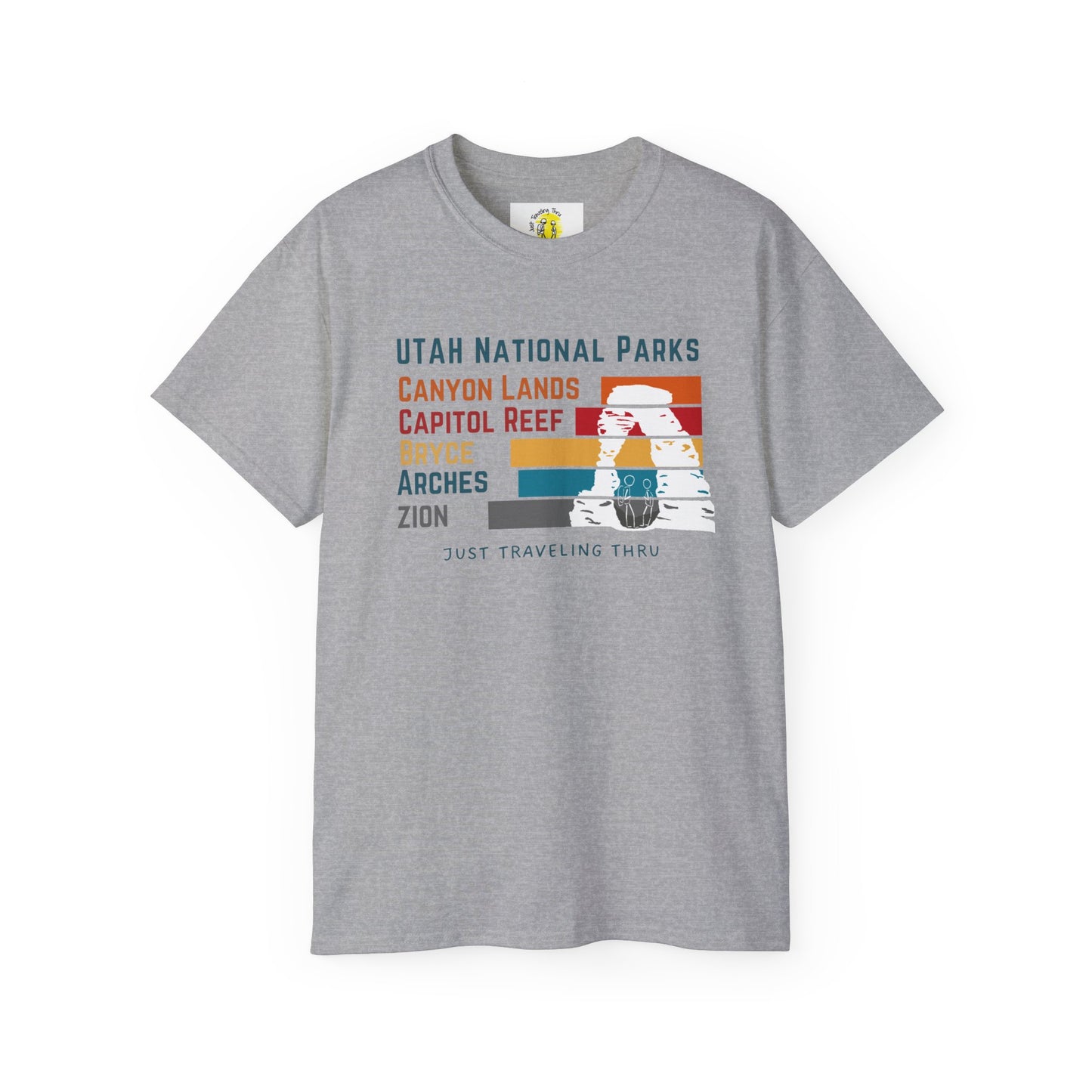 ποΈποΈ "Utah National Parks Adventure Tee: Arches, Zion, Canyonlands, Bryce Canyon, Capitol Reef - Just Traveling Thru" πβοΈ